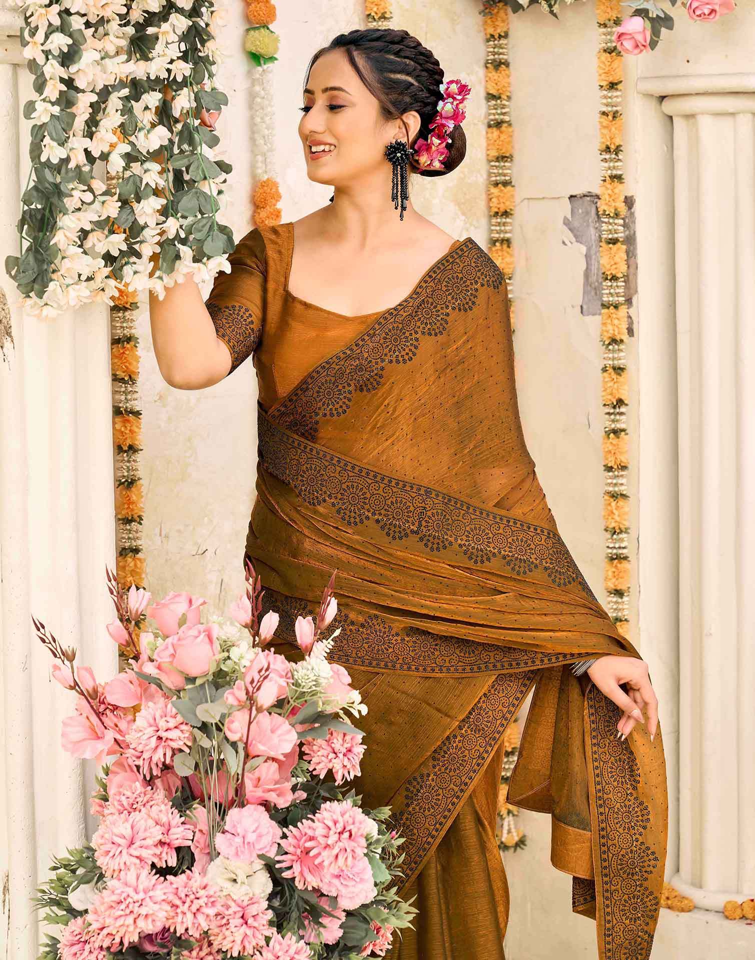 Brown Shimmer Stone Work Swarovski  Saree