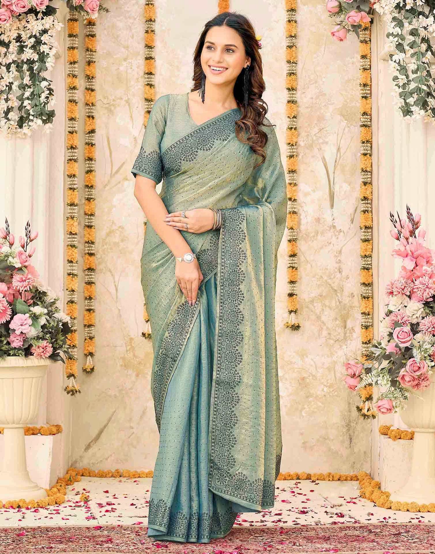 Dusty Teal Blue Shimmer Stone Work Swarovski  Saree