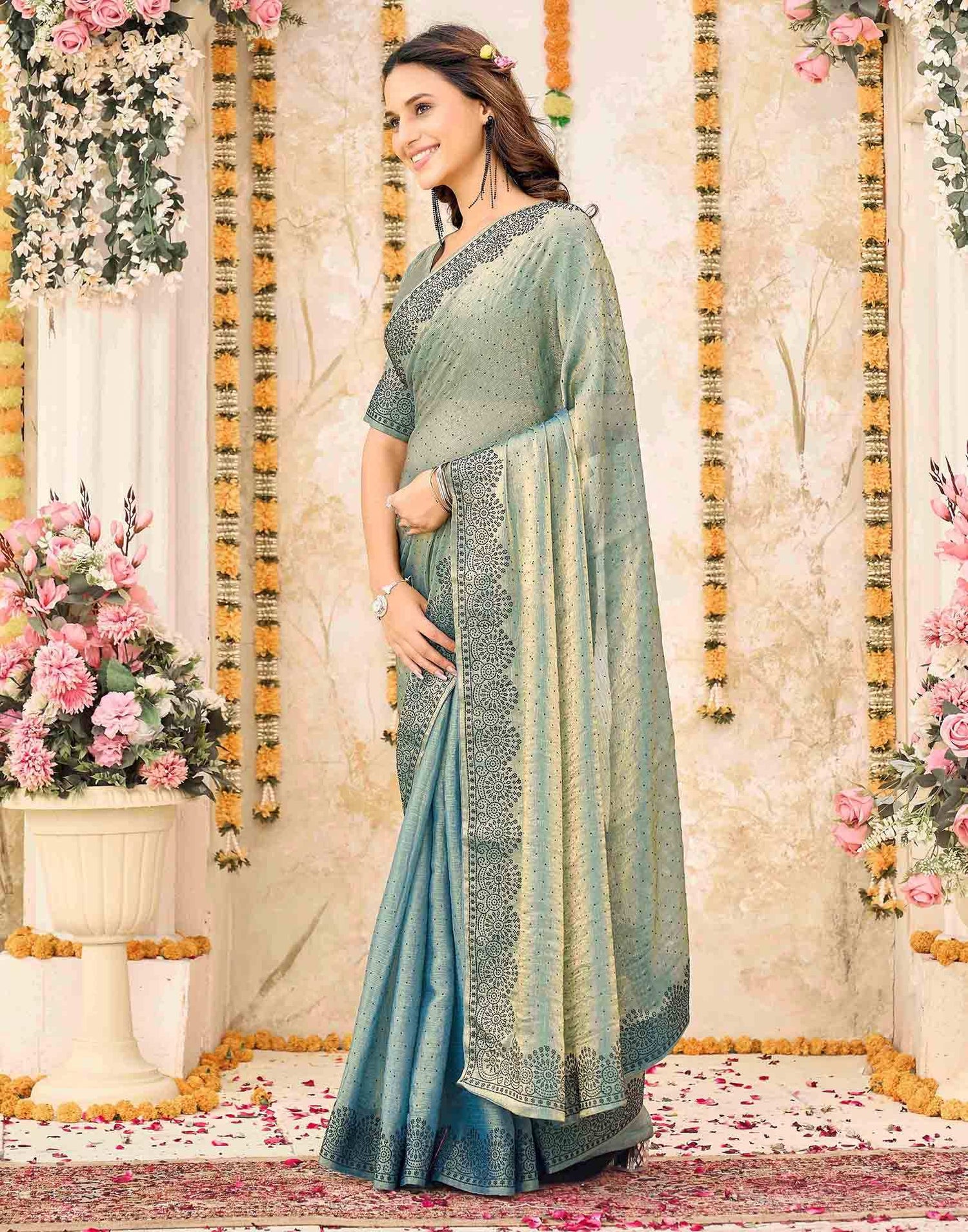 Dusty Teal Blue Shimmer Stone Work Swarovski  Saree