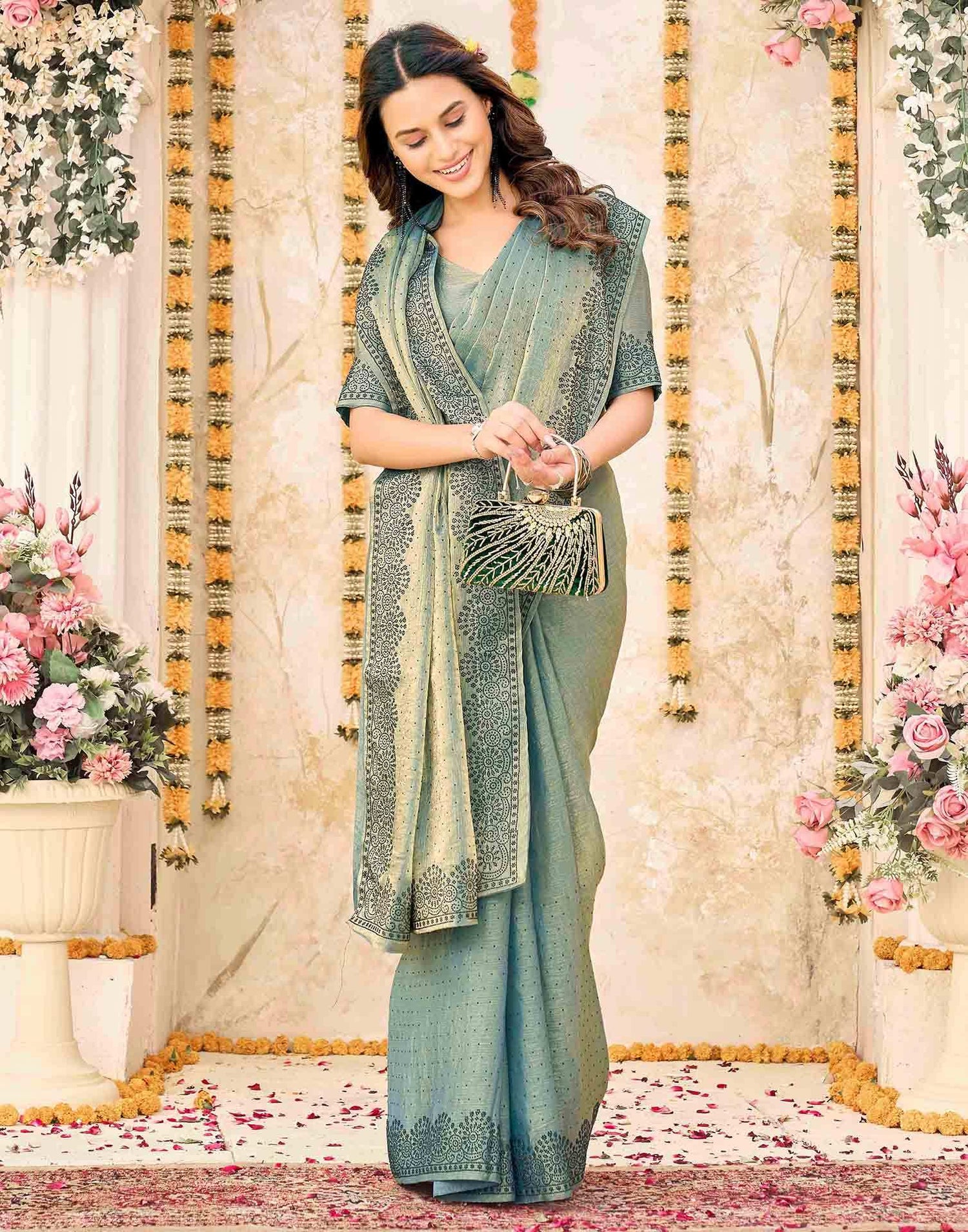 Dusty Teal Blue Shimmer Stone Work Swarovski  Saree