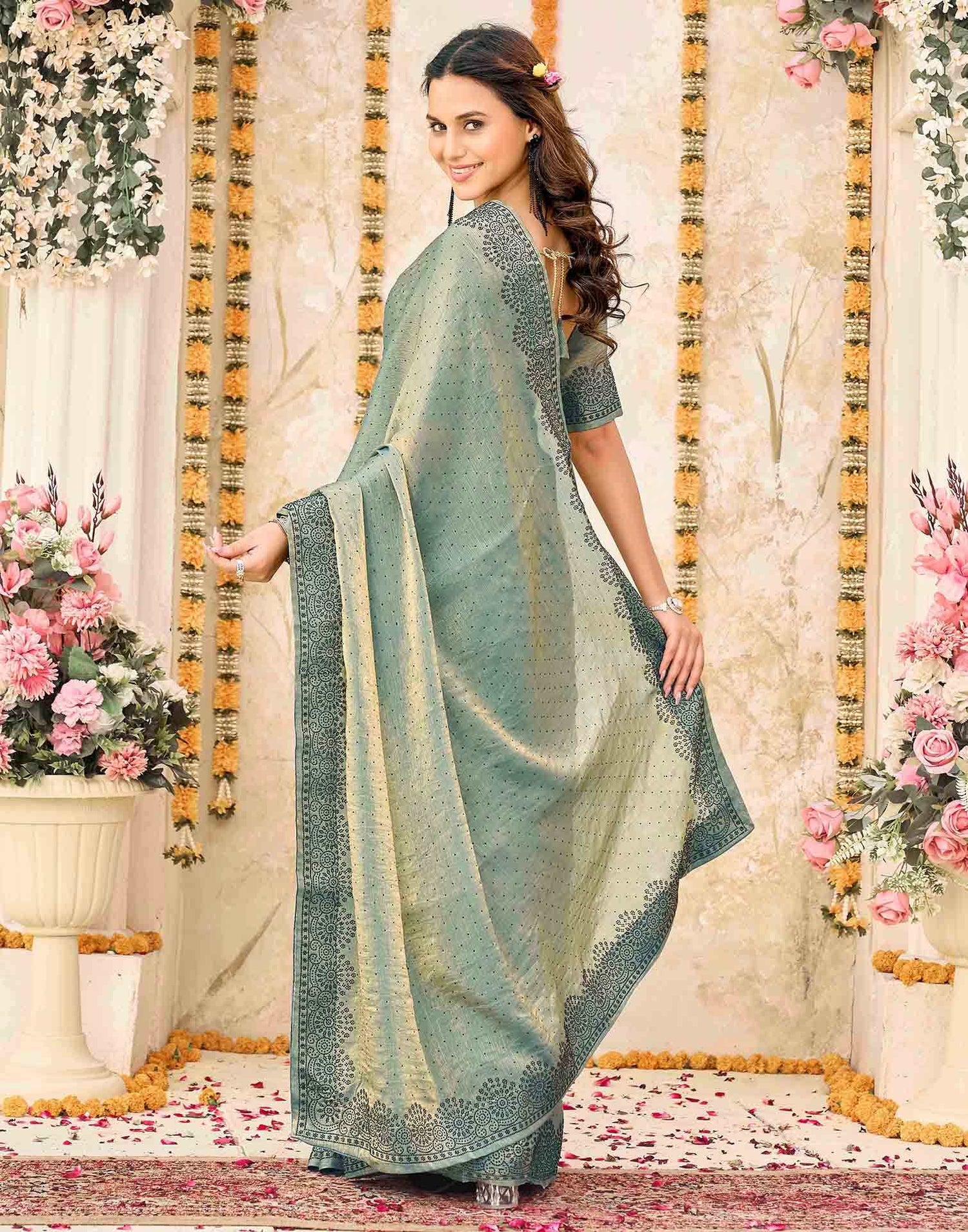 Dusty Teal Blue Shimmer Stone Work Swarovski  Saree