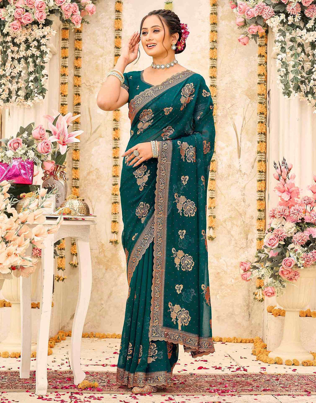 Teal Green Georgette Embroidery Swarovski Saree