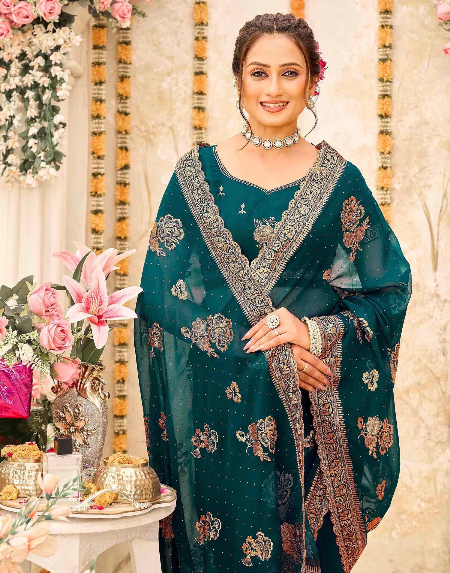 Teal Green Georgette Embroidery Swarovski Saree