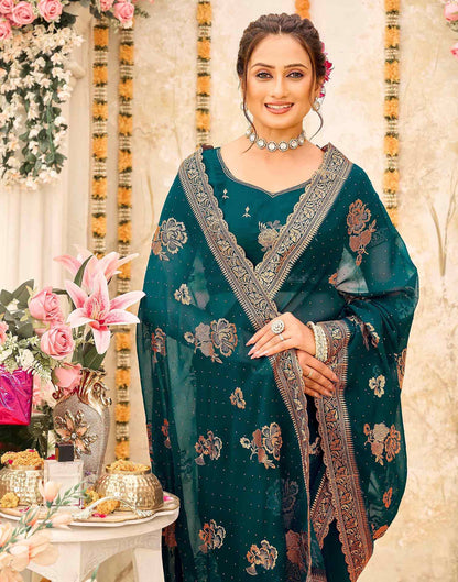 Teal Green Georgette Embroidery Swarovski Saree