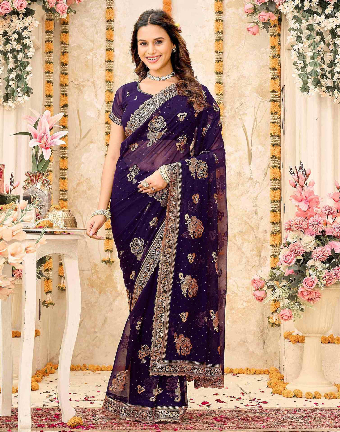 Purple Georgette Embroidery Swarovski Saree