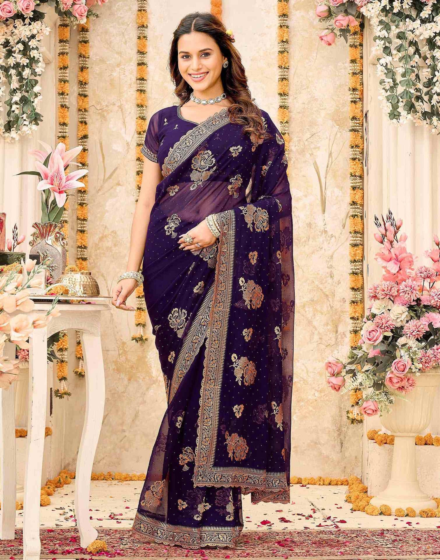 Purple Georgette Embroidery Swarovski Saree