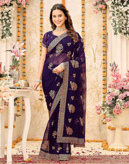 Purple Georgette Embroidery Swarovski Saree