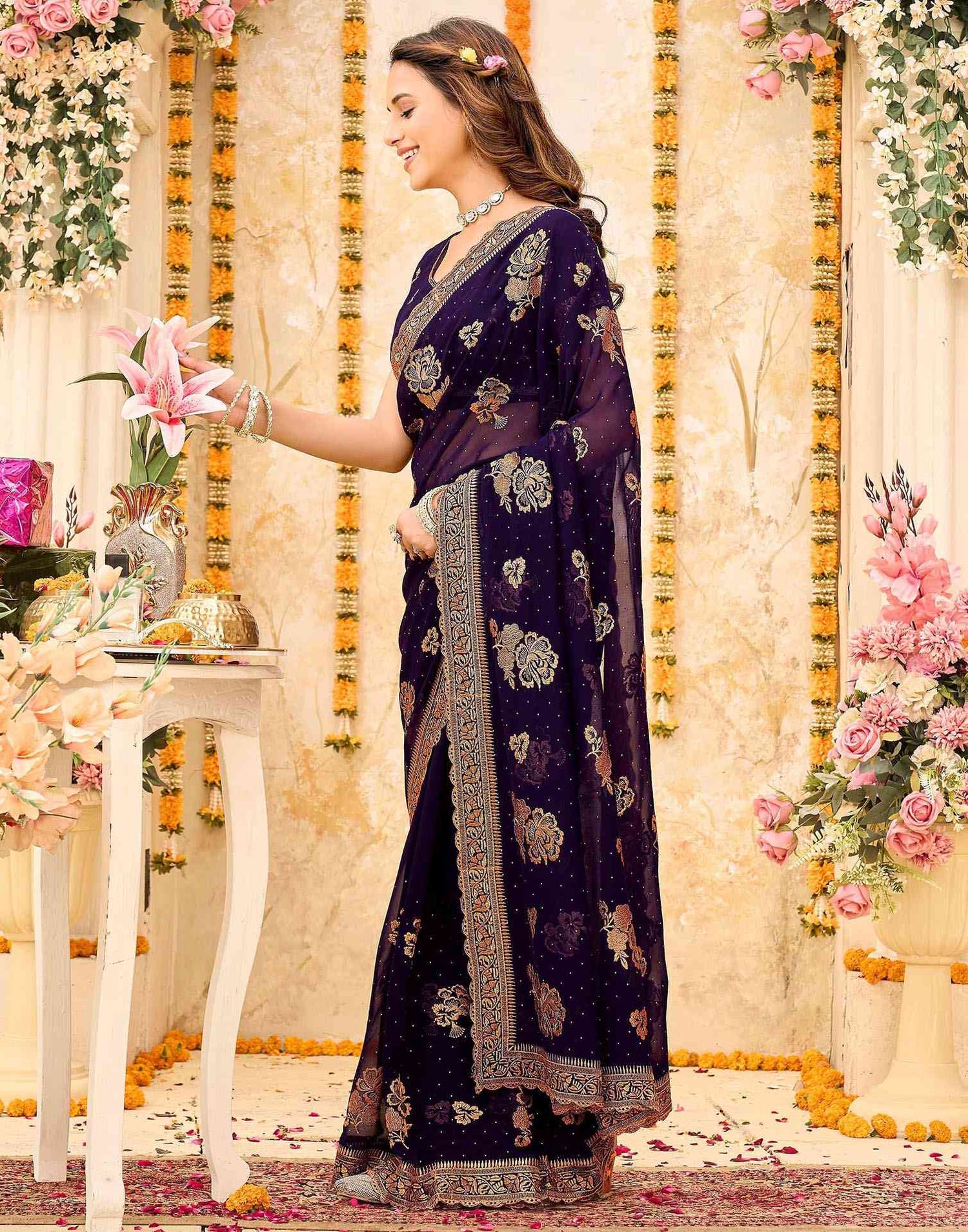 Purple Georgette Embroidery Swarovski Saree