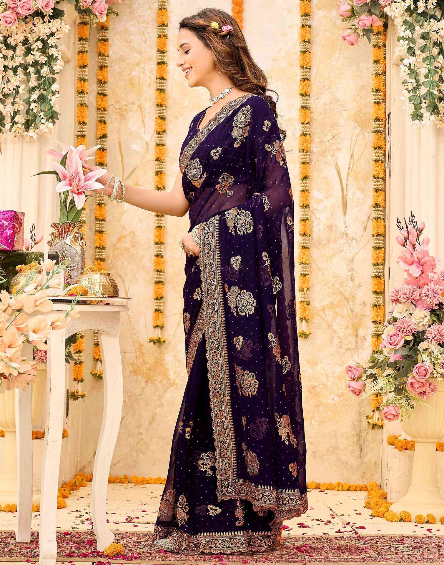 Purple Georgette Embroidery Swarovski Saree