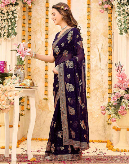 Purple Georgette Embroidery Swarovski Saree