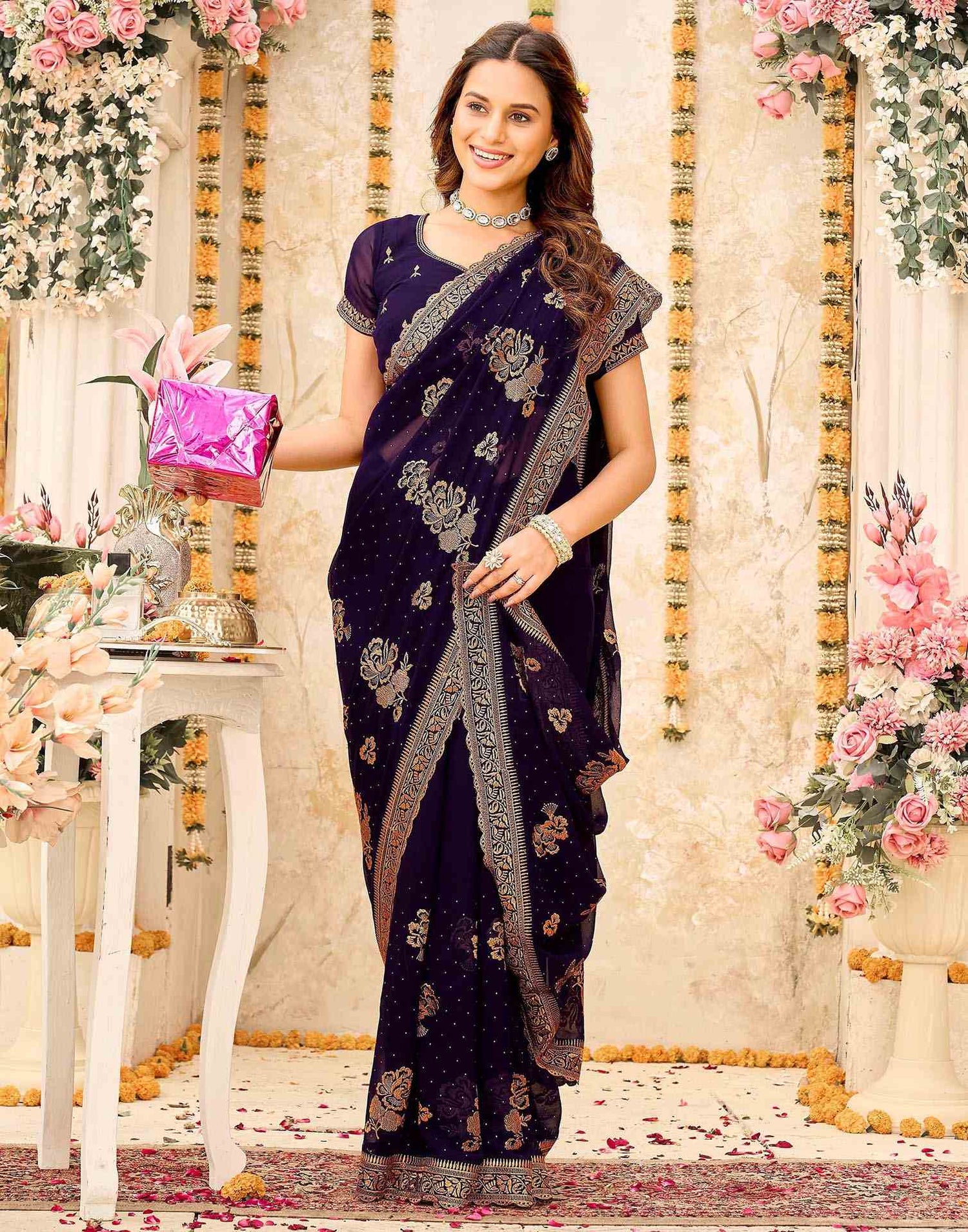 Purple Georgette Embroidery Swarovski Saree