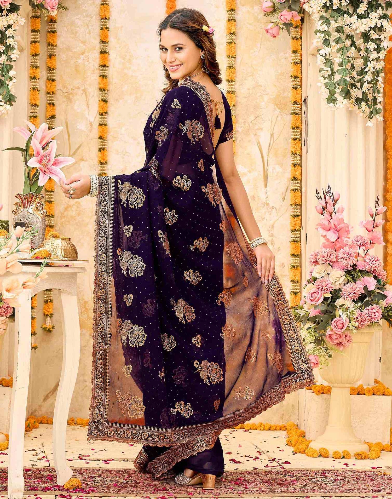 Purple Georgette Embroidery Swarovski Saree