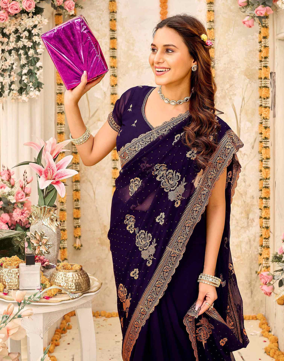 Purple Georgette Embroidery Swarovski Saree