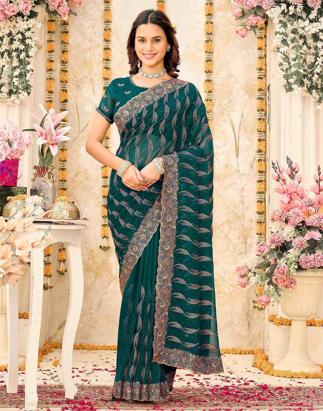 Teal Green Georgette Embroidery Swarovski Saree
