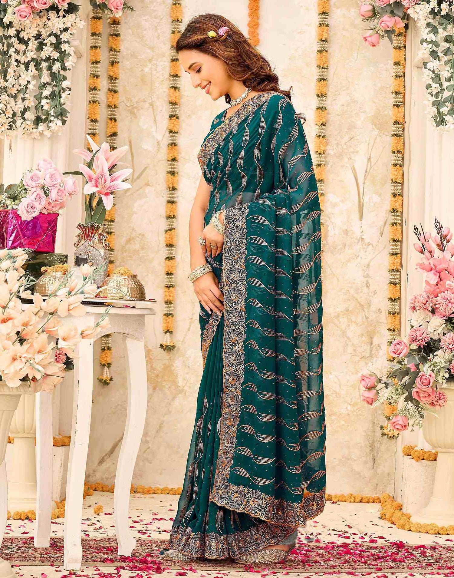 Teal Green Georgette Embroidery Swarovski Saree