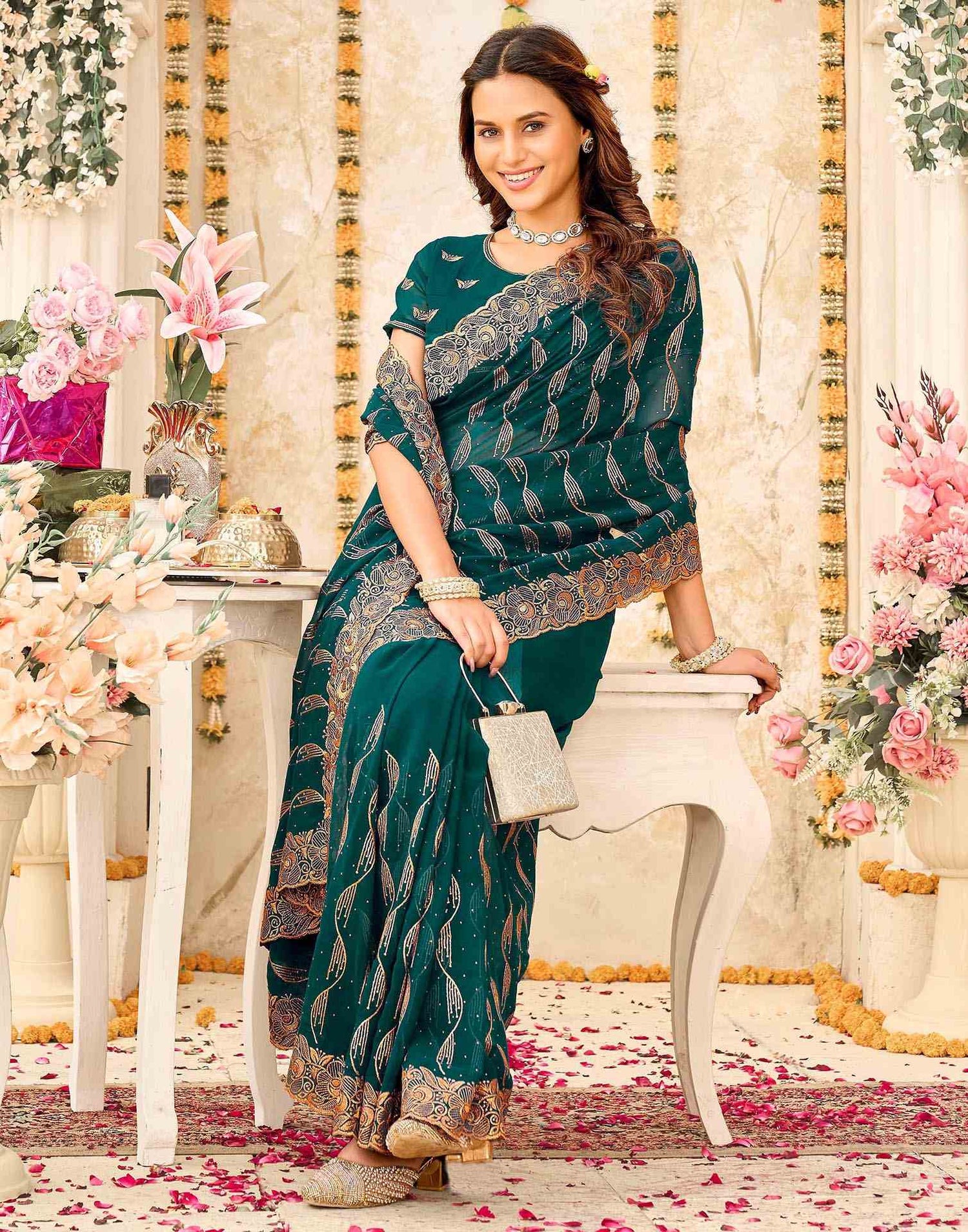 Teal Green Georgette Embroidery Swarovski Saree