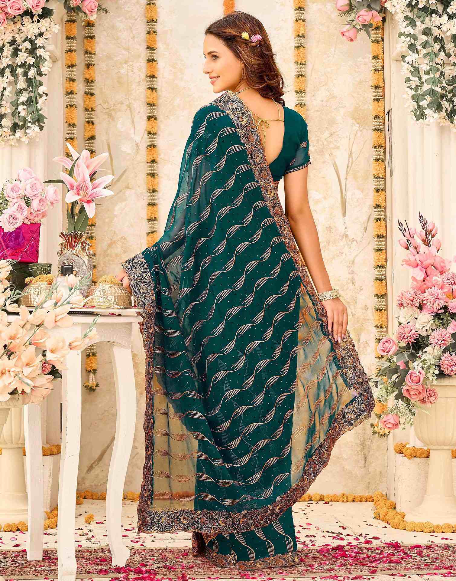 Teal Green Georgette Embroidery Swarovski Saree
