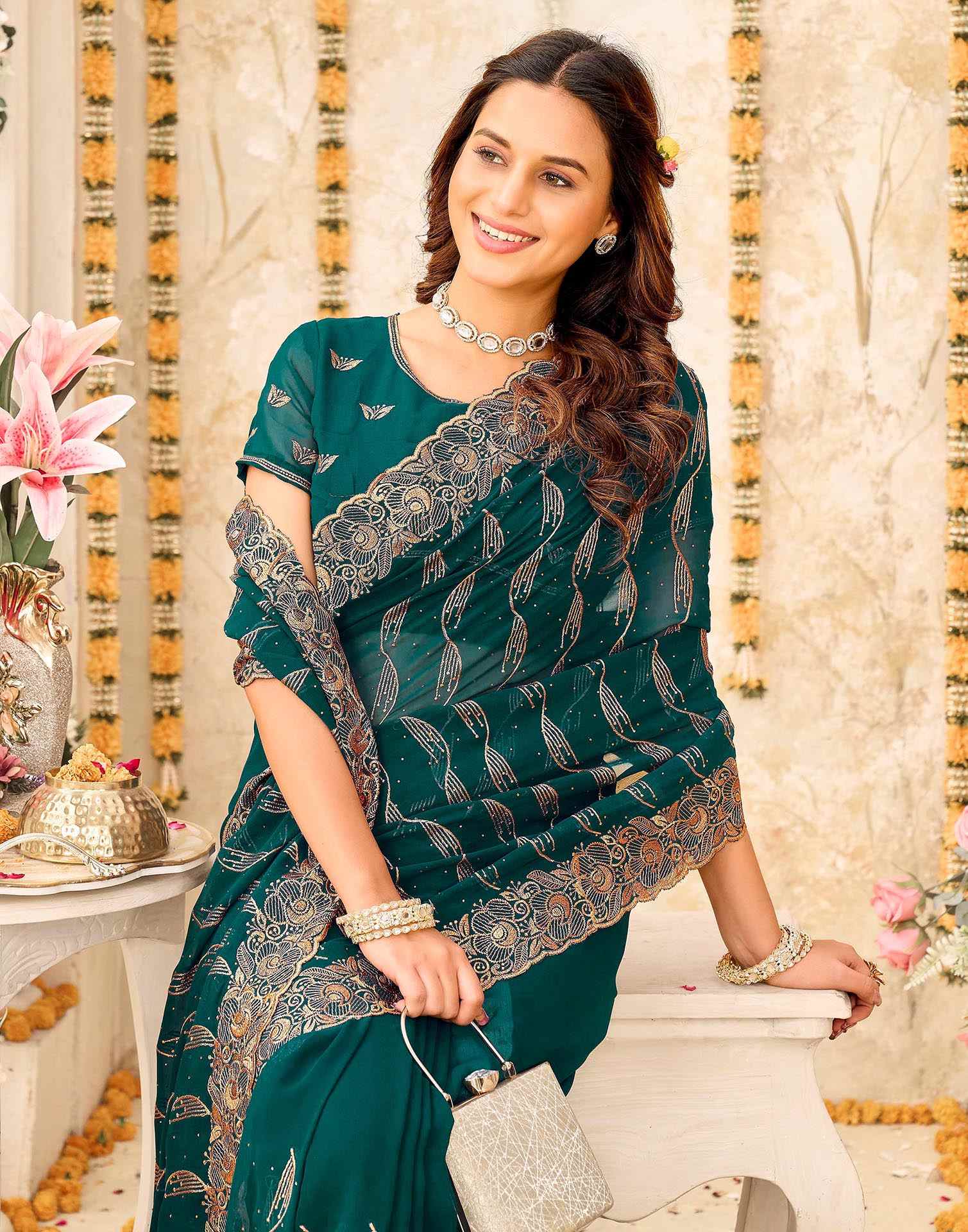Teal Green Georgette Embroidery Swarovski Saree