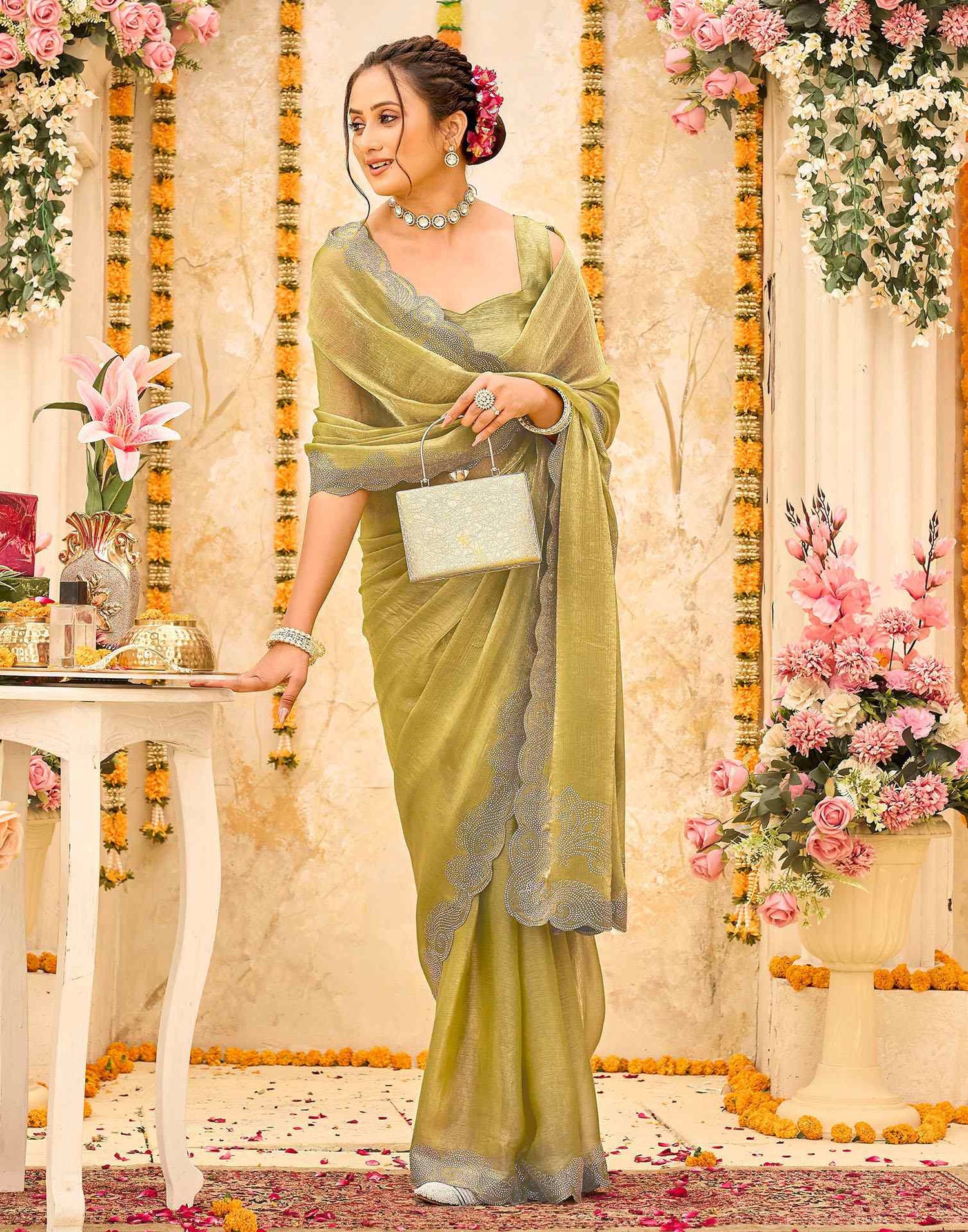 Pista Green Shimmer Stone Work Embellished Saree