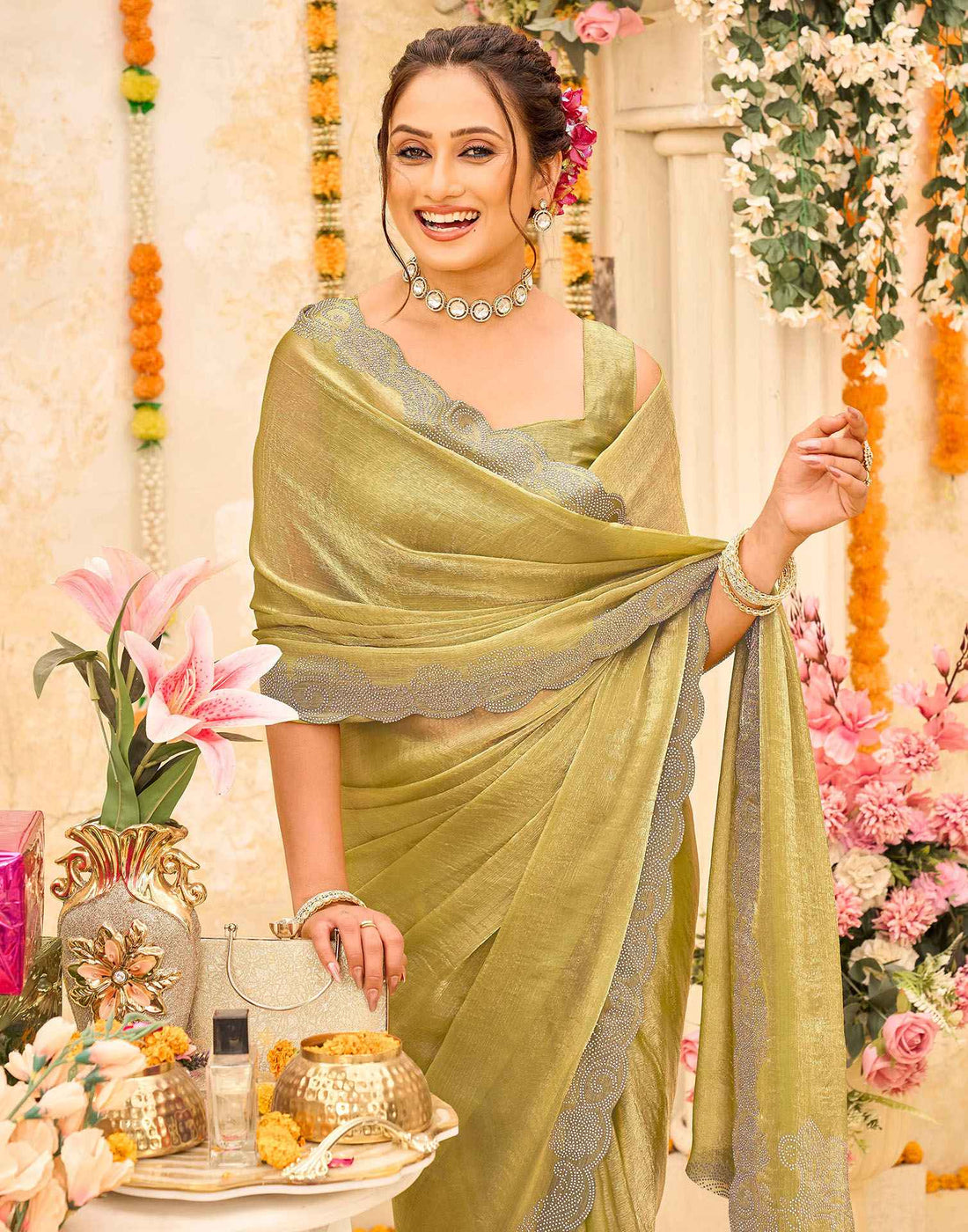 Pista Green Shimmer Stone Work Embellished Saree