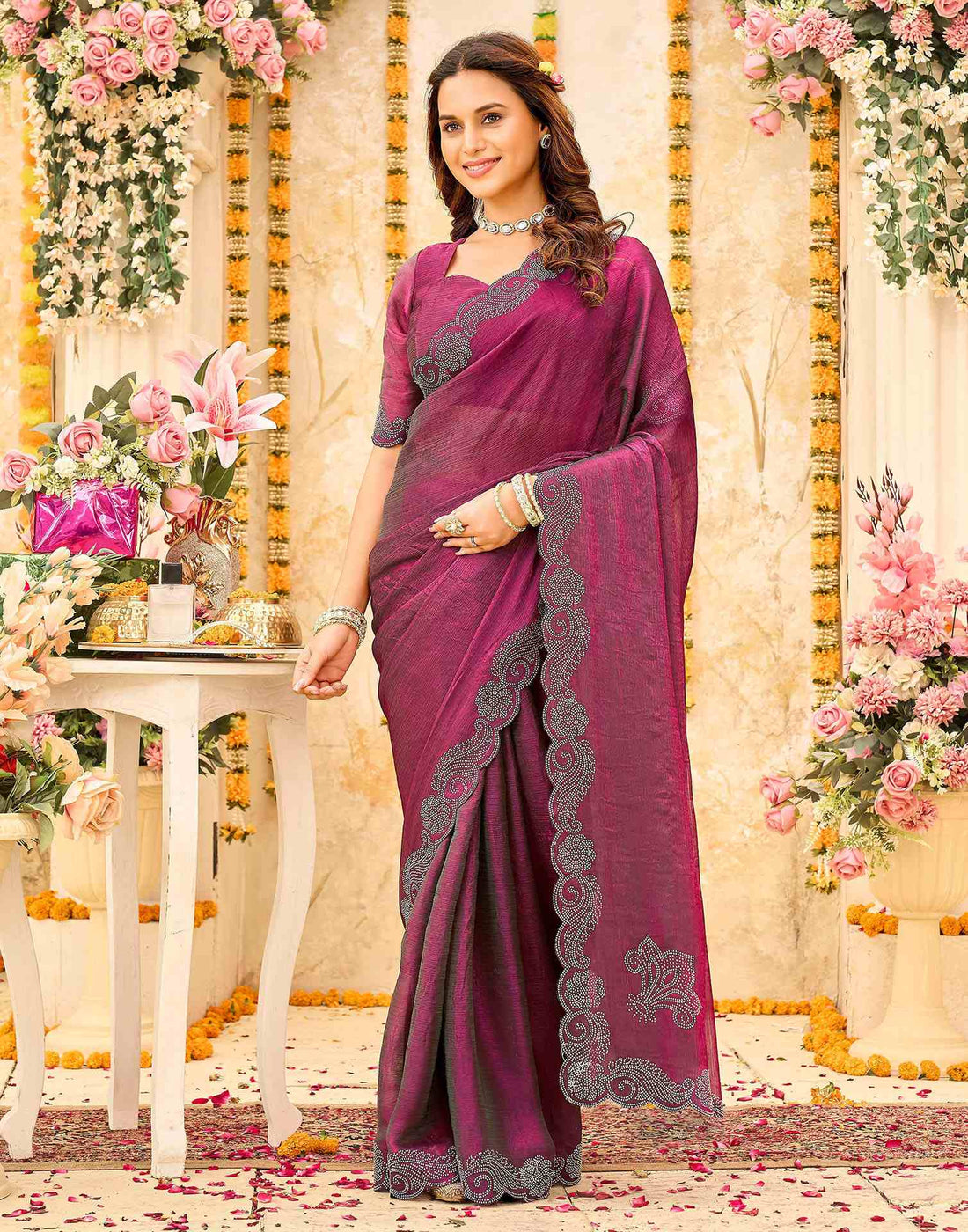 Magenta Shimmer Stone Work Embellished Saree