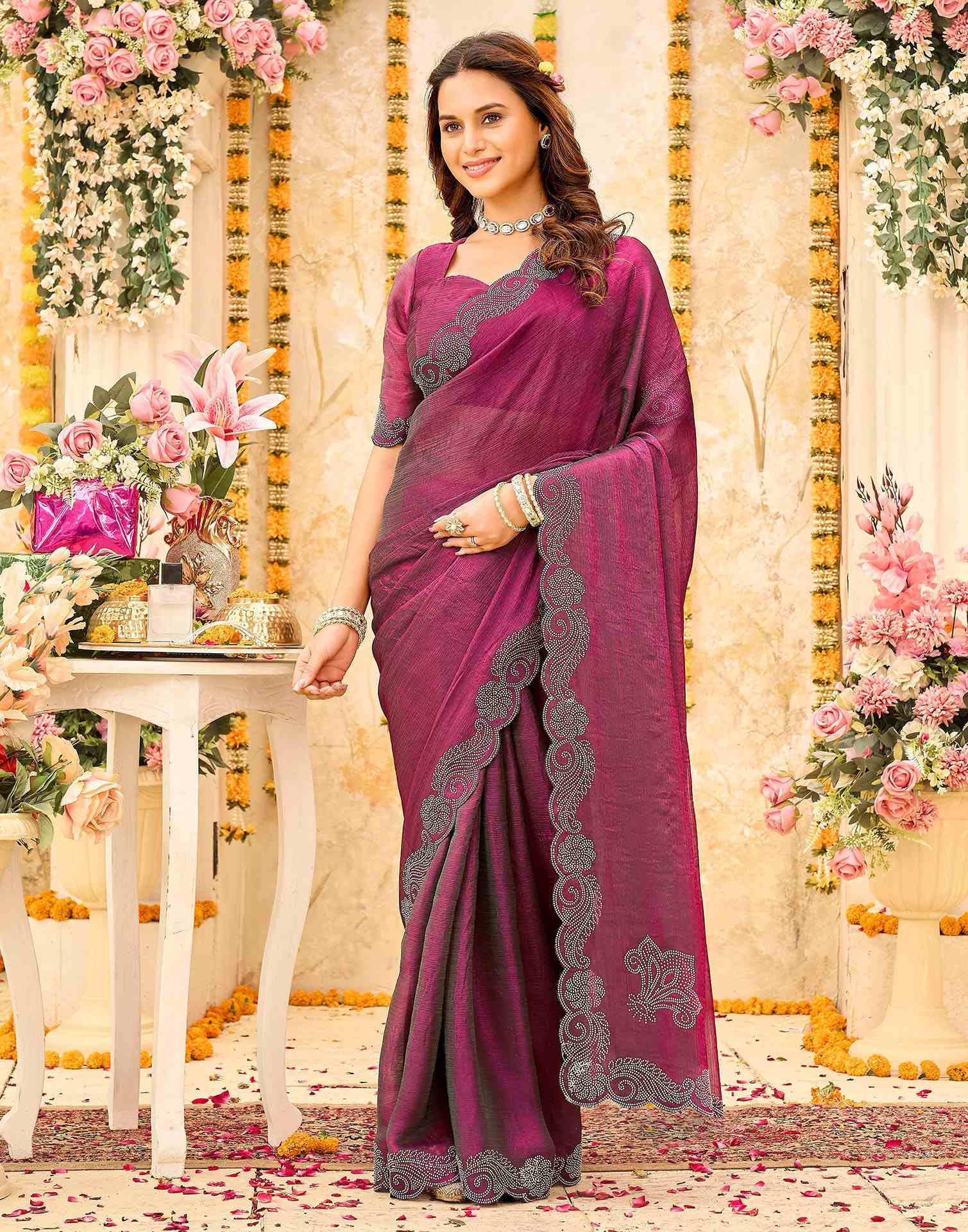Magenta Shimmer Stone Work Embellished Saree