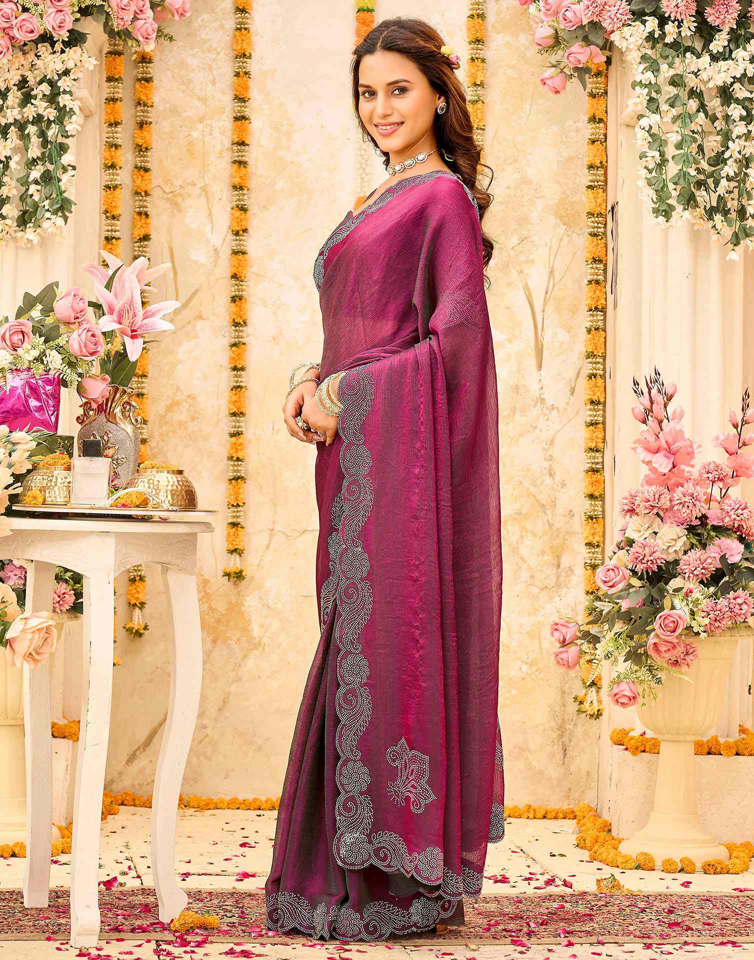 Magenta Shimmer Stone Work Embellished Saree