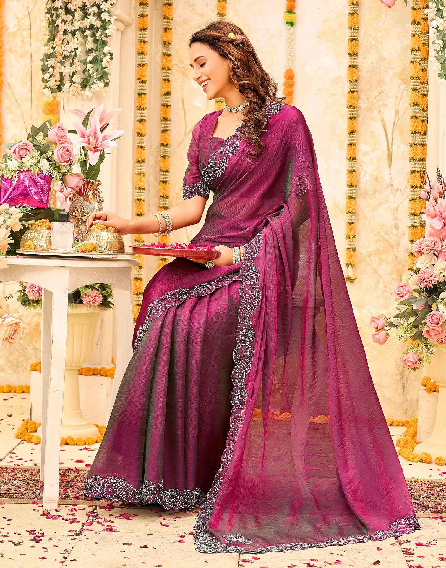 Magenta Shimmer Stone Work Embellished Saree
