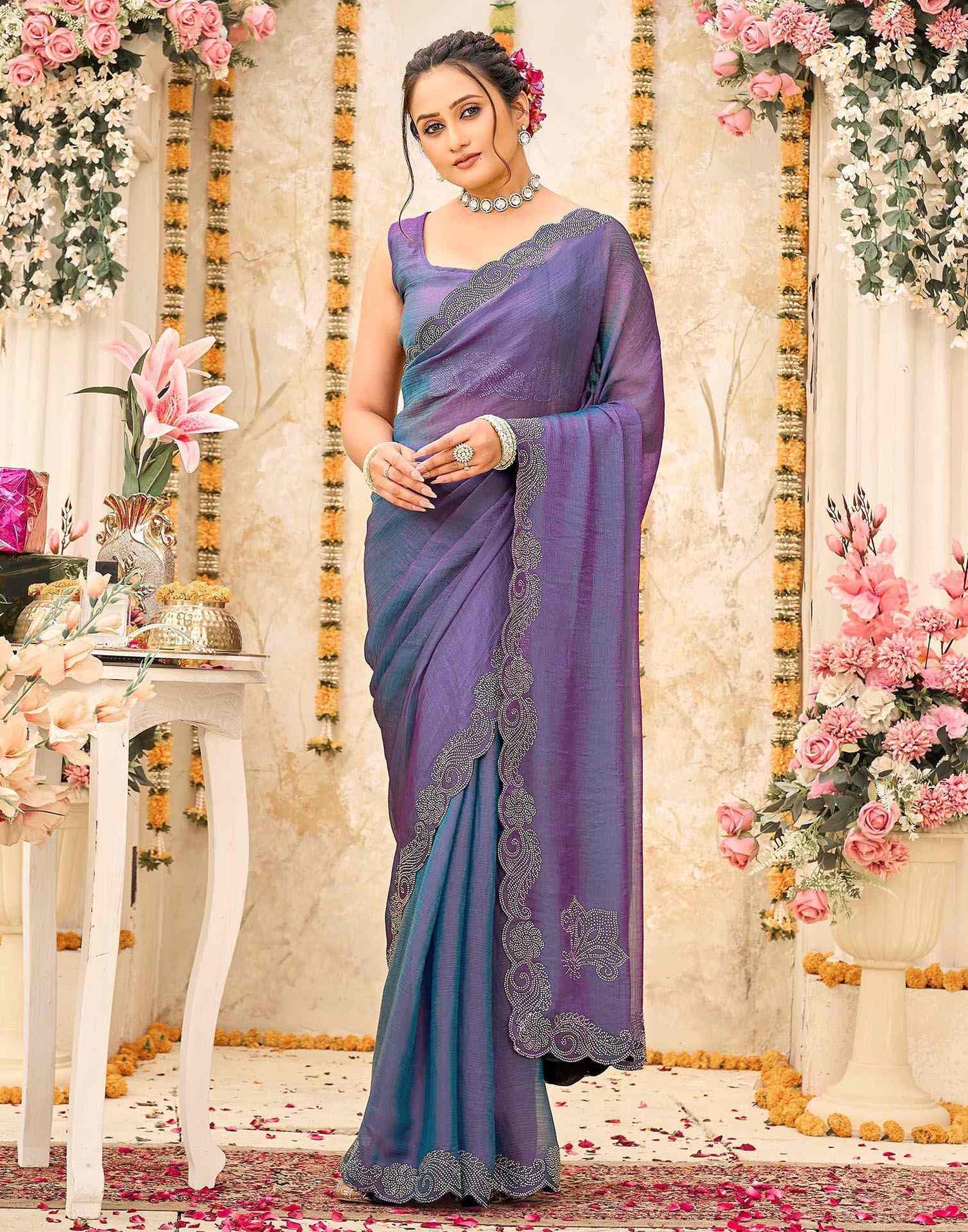 Purple Shimmer Stone Work Embellished Saree