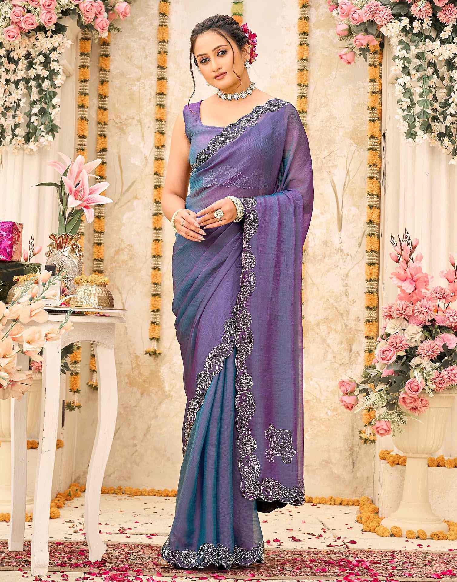 Purple Shimmer Stone Work Embellished Saree