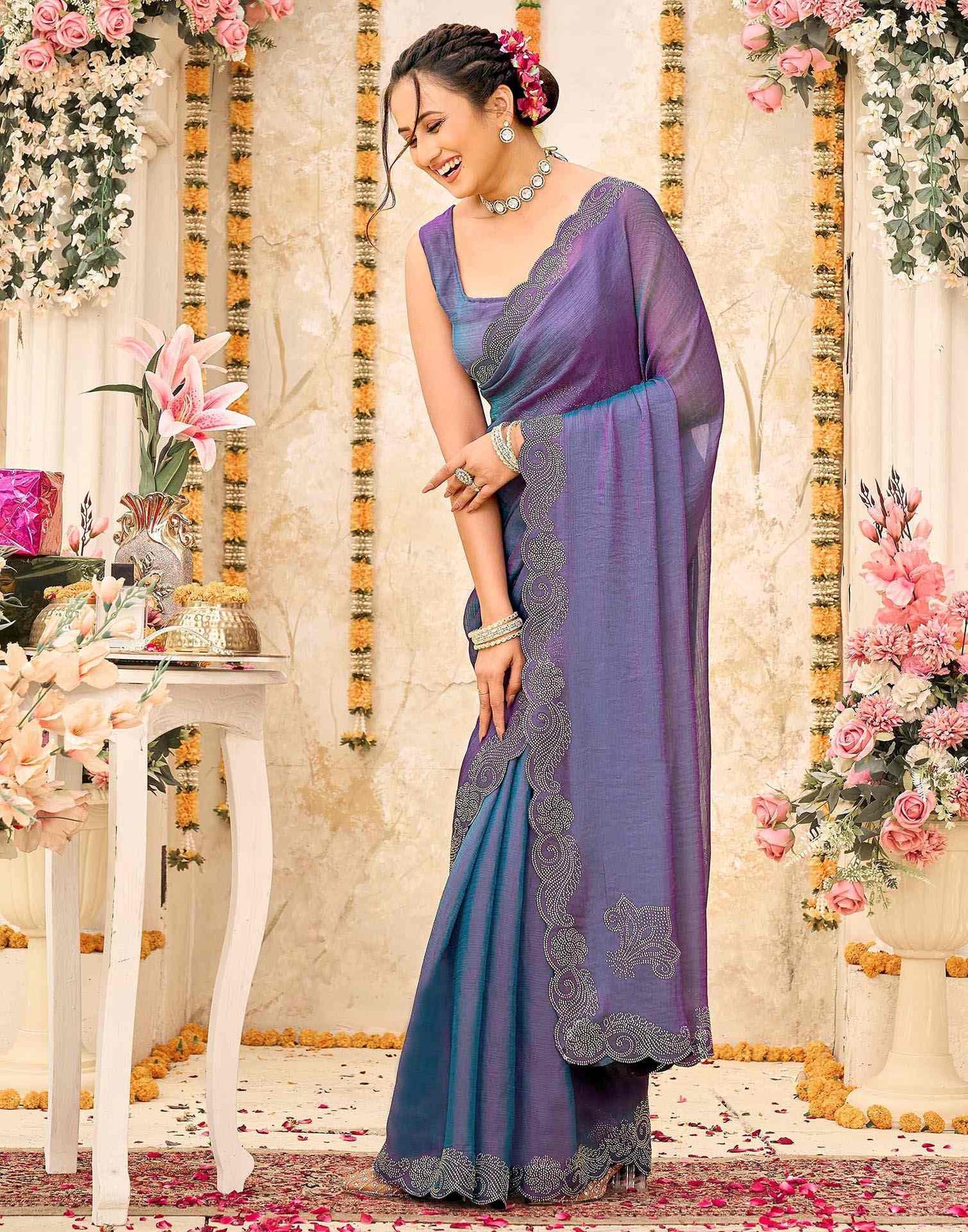Purple Shimmer Stone Work Embellished Saree
