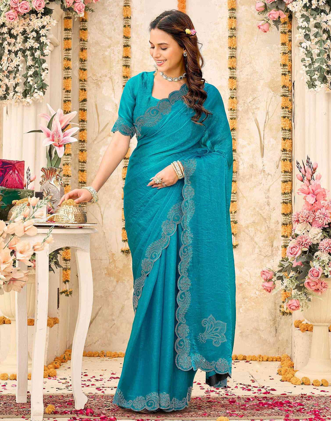 Teal Blue Shimmer Stone Work Embellished Saree