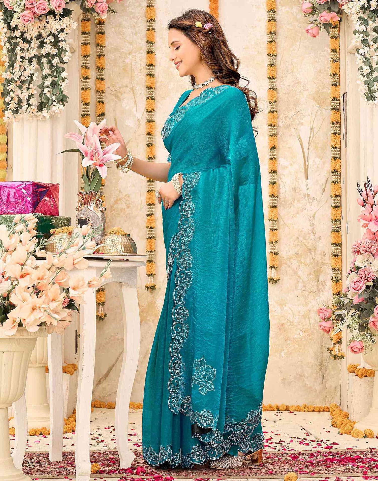 Teal Blue Shimmer Stone Work Embellished Saree