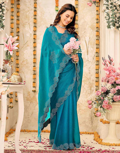 Teal Blue Shimmer Stone Work Embellished Saree