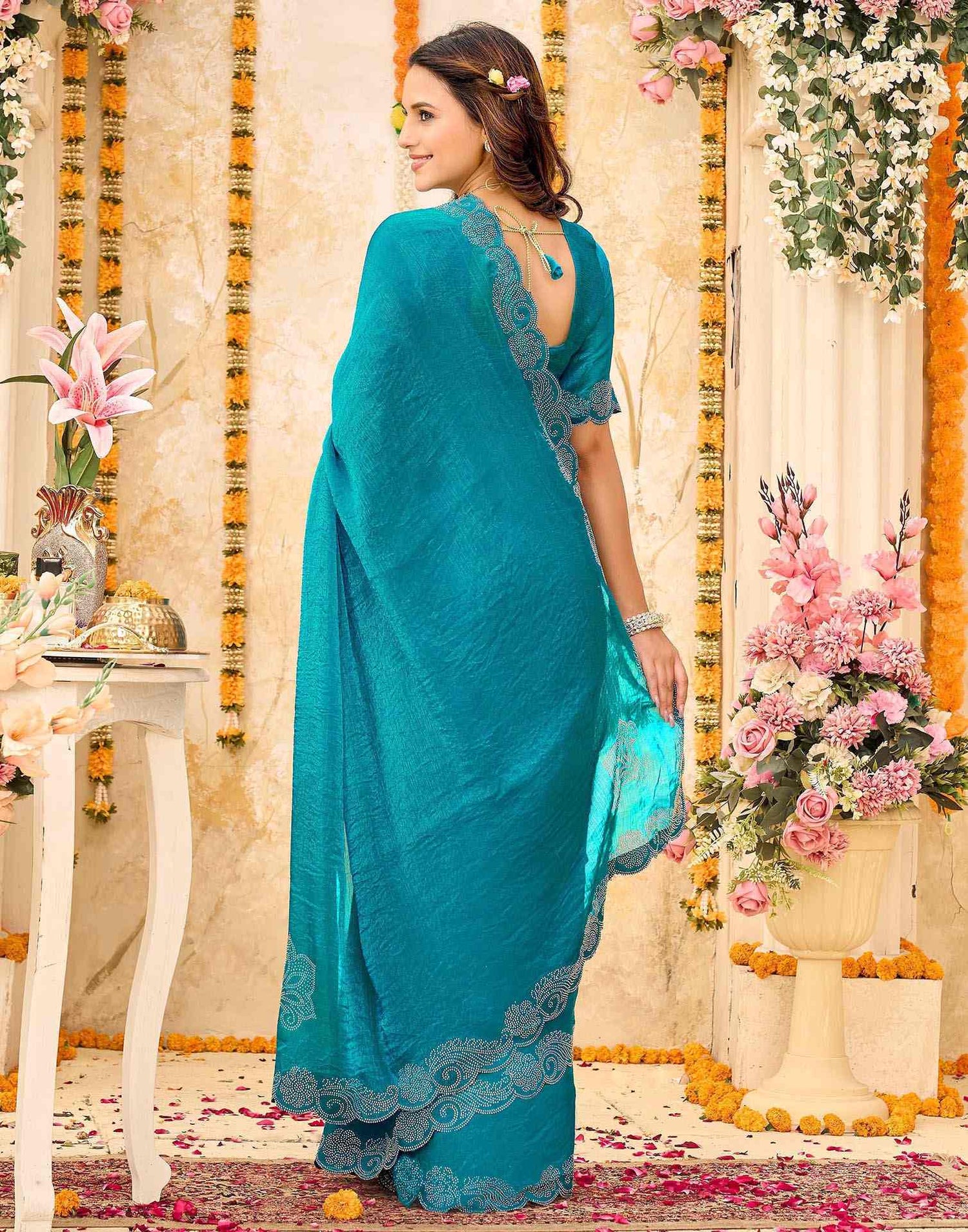 Teal Blue Shimmer Stone Work Embellished Saree