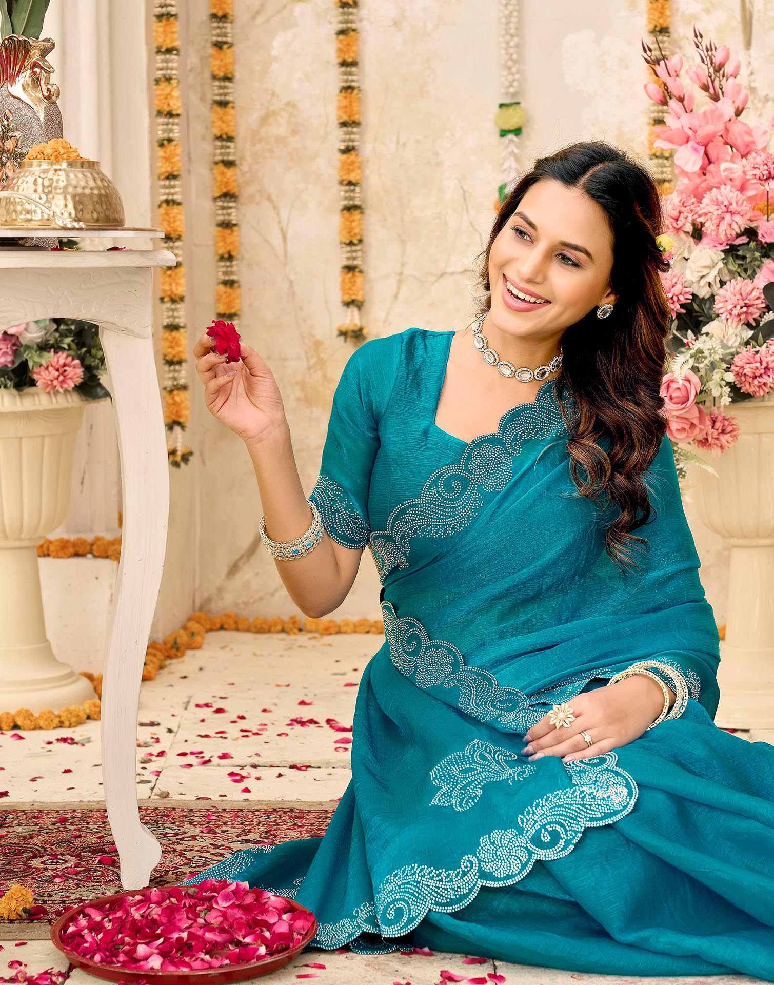 Teal Blue Shimmer Stone Work Embellished Saree