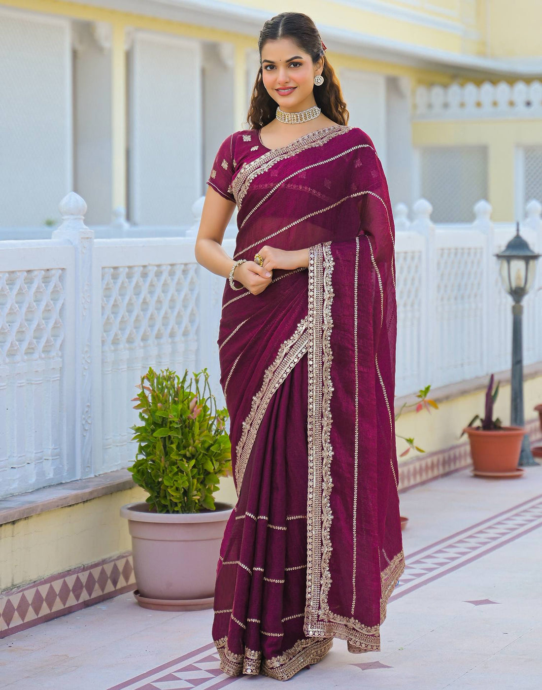 Magenta Shimmer Sequence Embroidery Saree