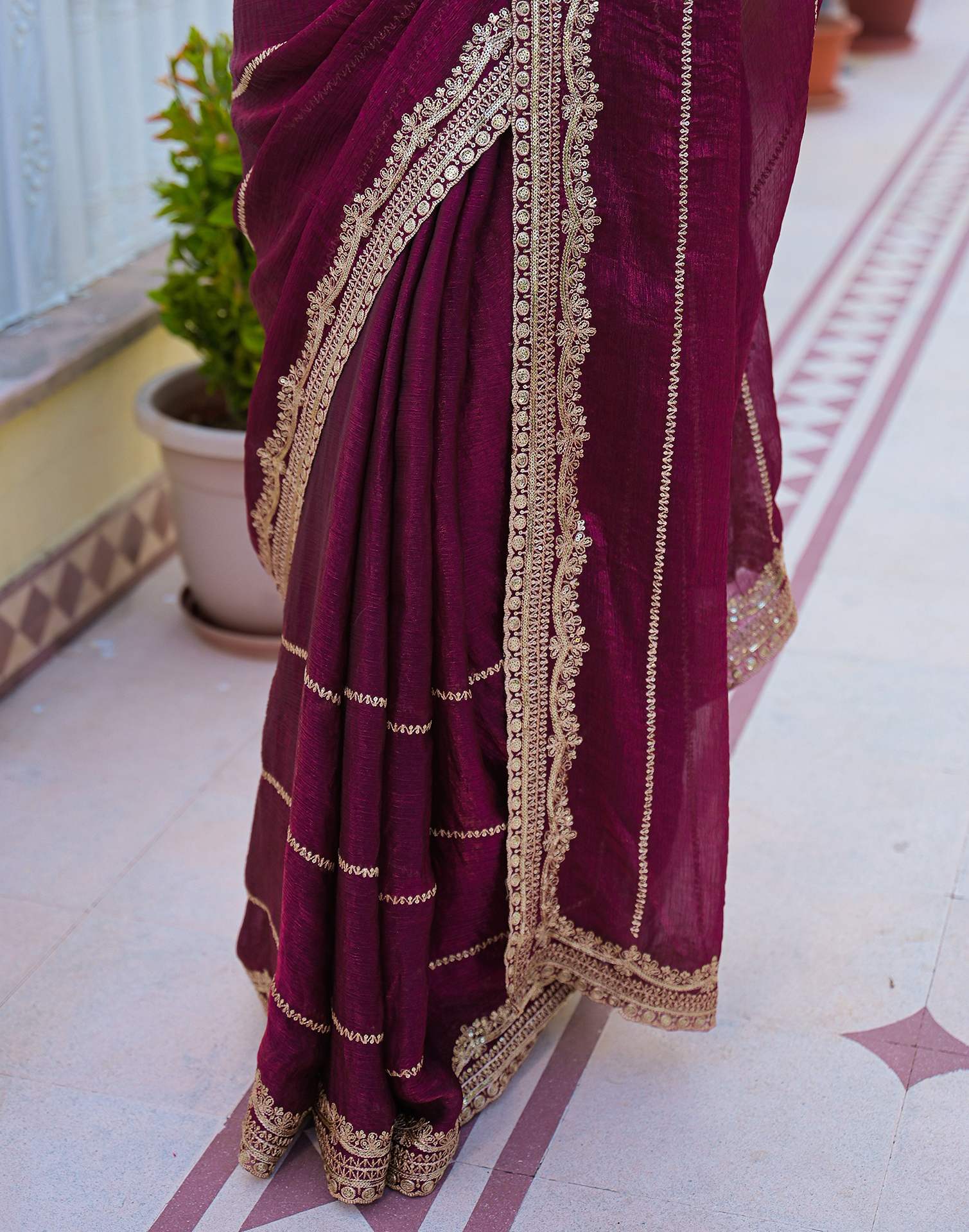 Magenta Shimmer Sequence Embroidery Saree