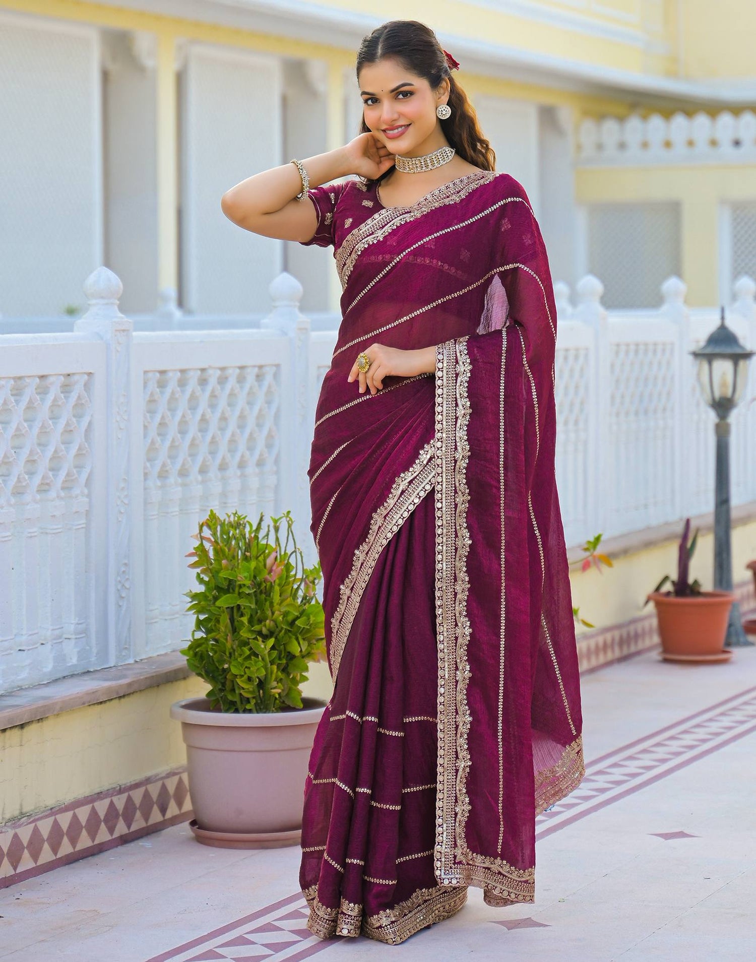 Magenta Shimmer Sequence Embroidery Saree