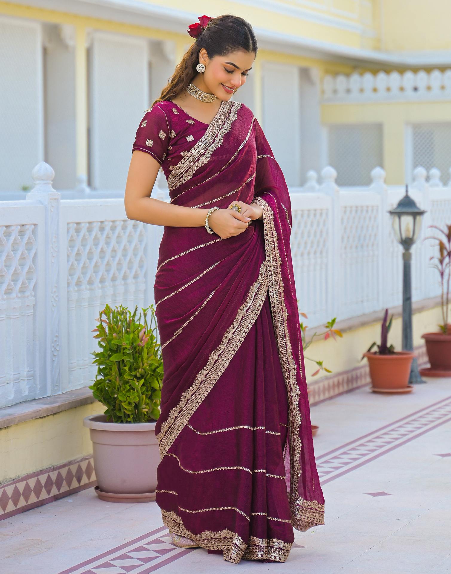 Magenta Shimmer Sequence Embroidery Saree