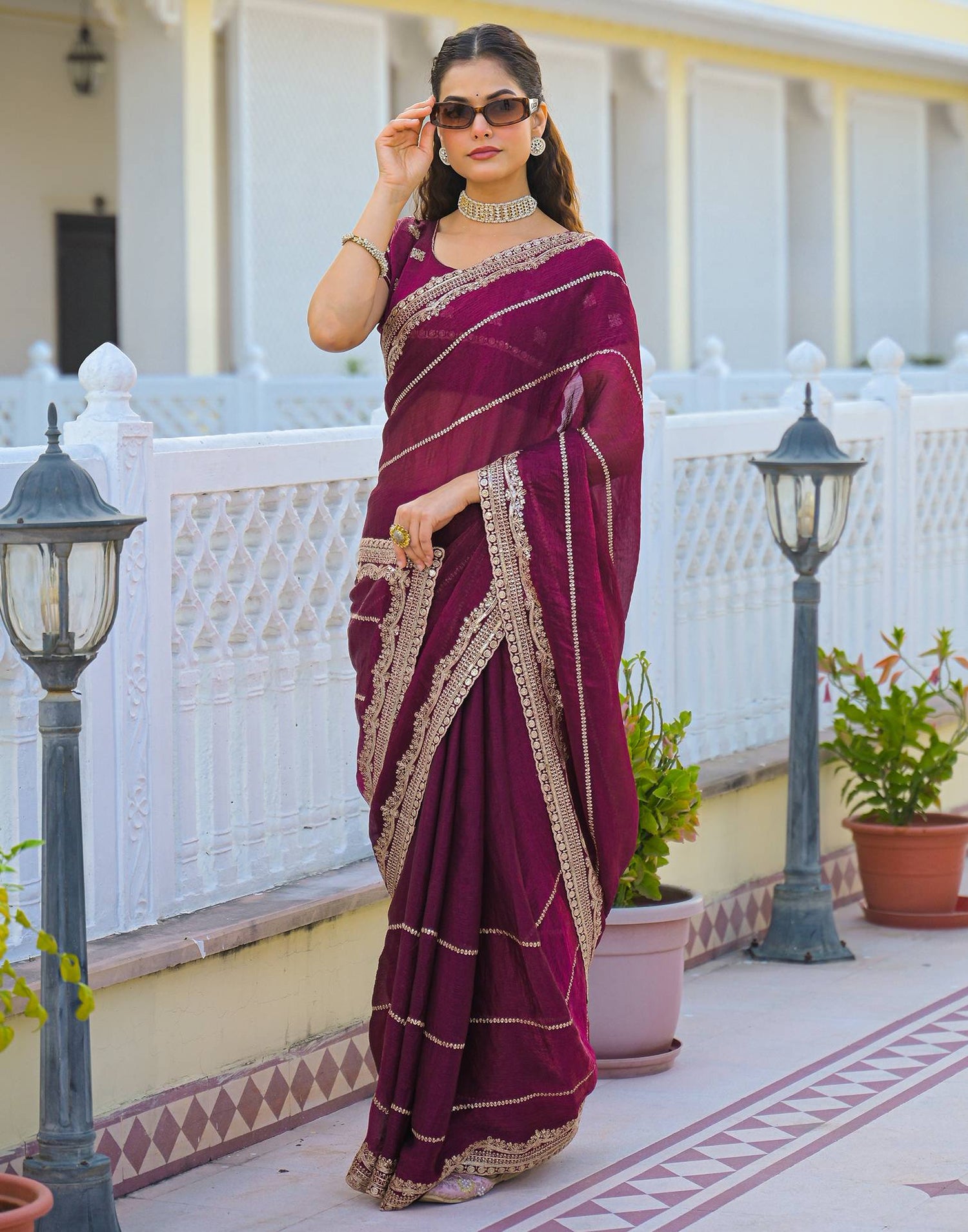 Magenta Shimmer Sequence Embroidery Saree