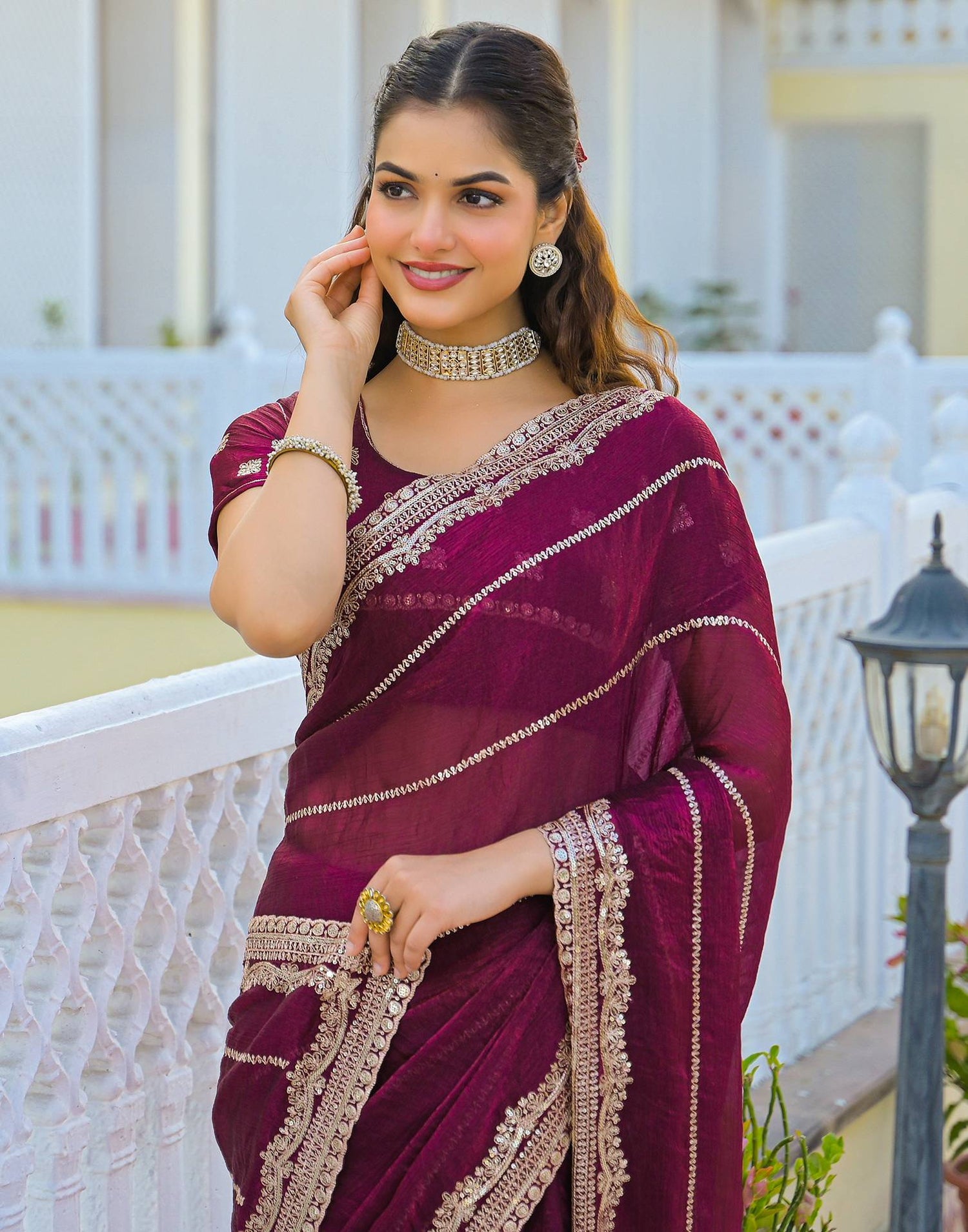 Magenta Shimmer Sequence Embroidery Saree