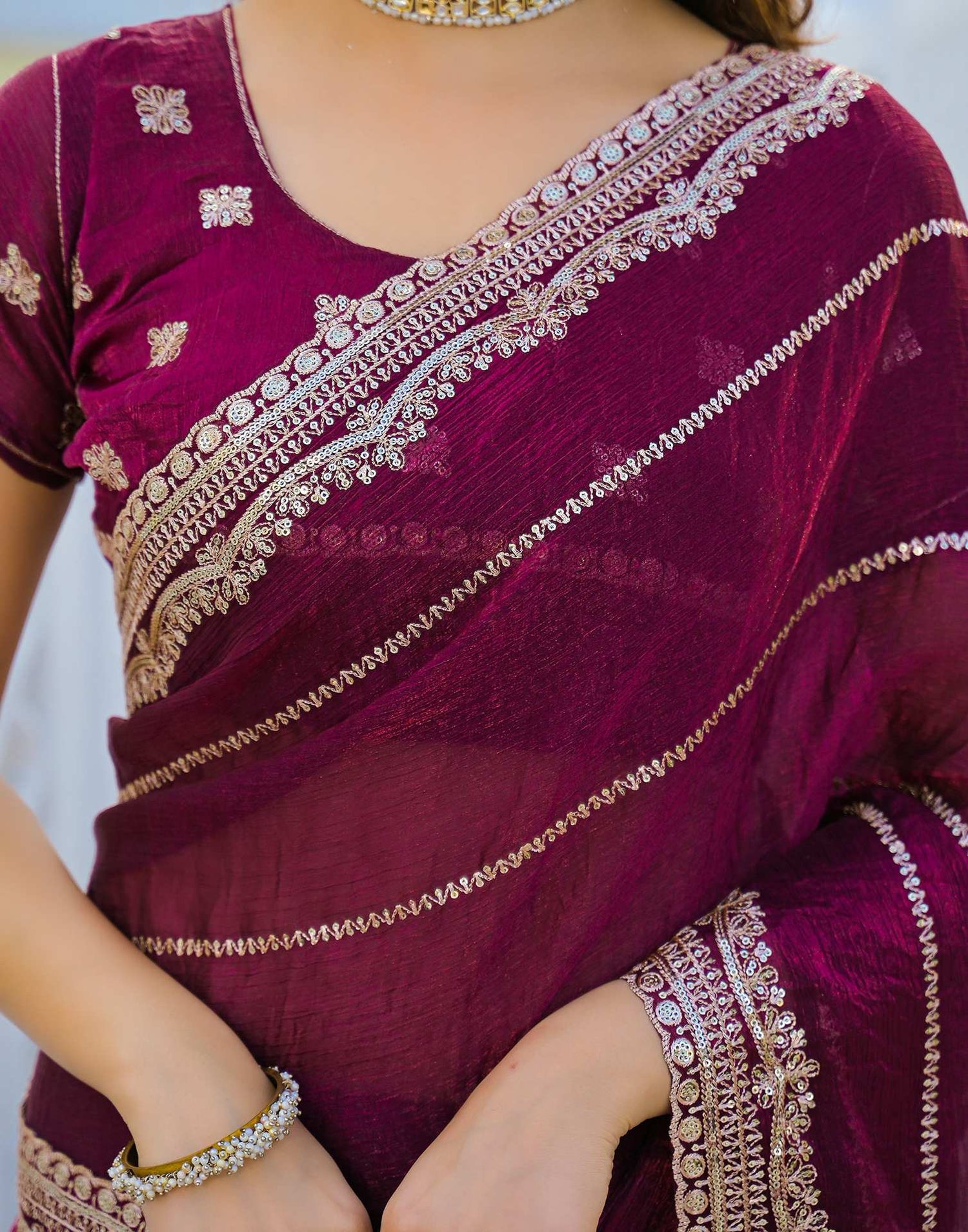 Magenta Shimmer Sequence Embroidery Saree