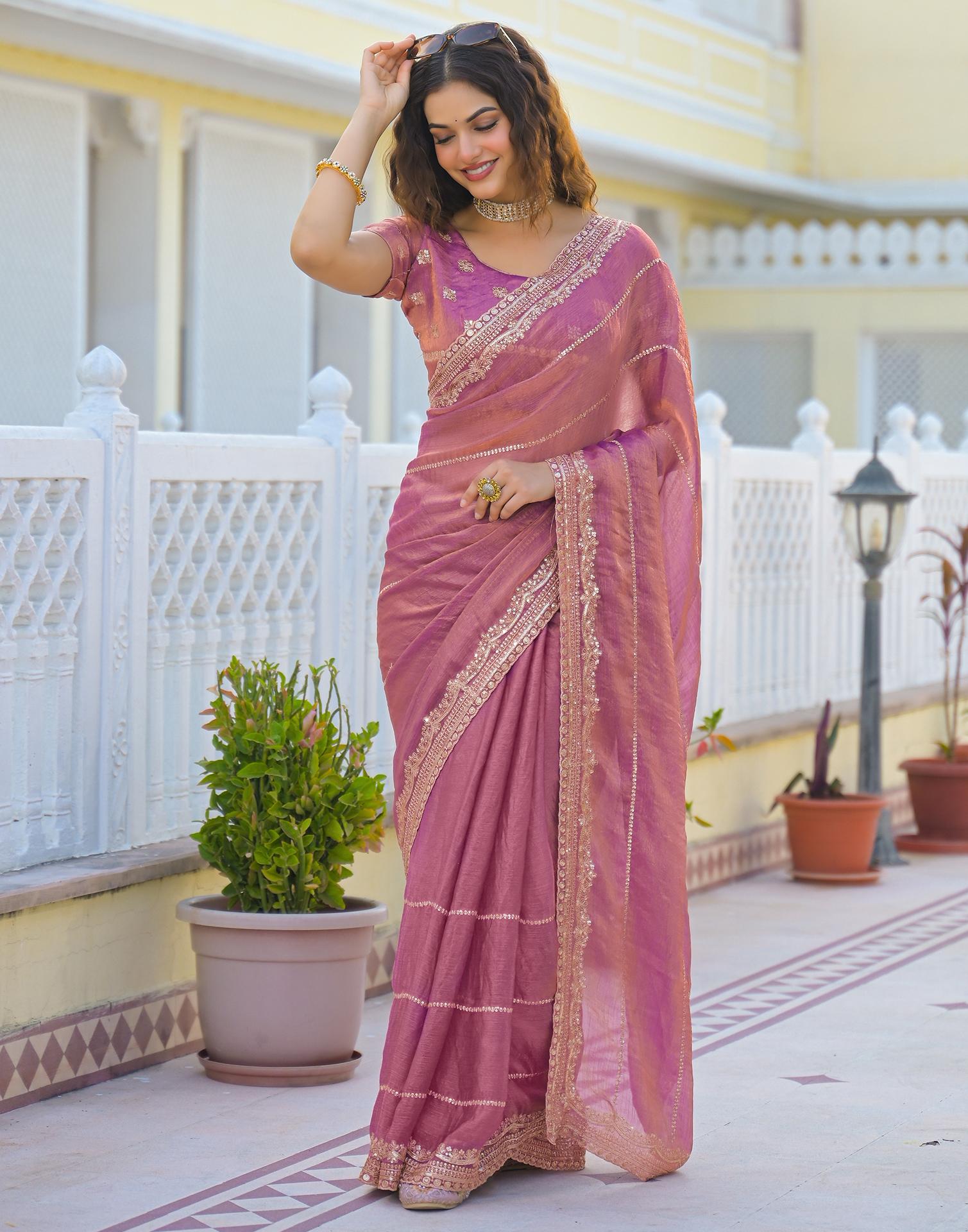 Dusty Pink Shimmer Sequence Embroidery Saree