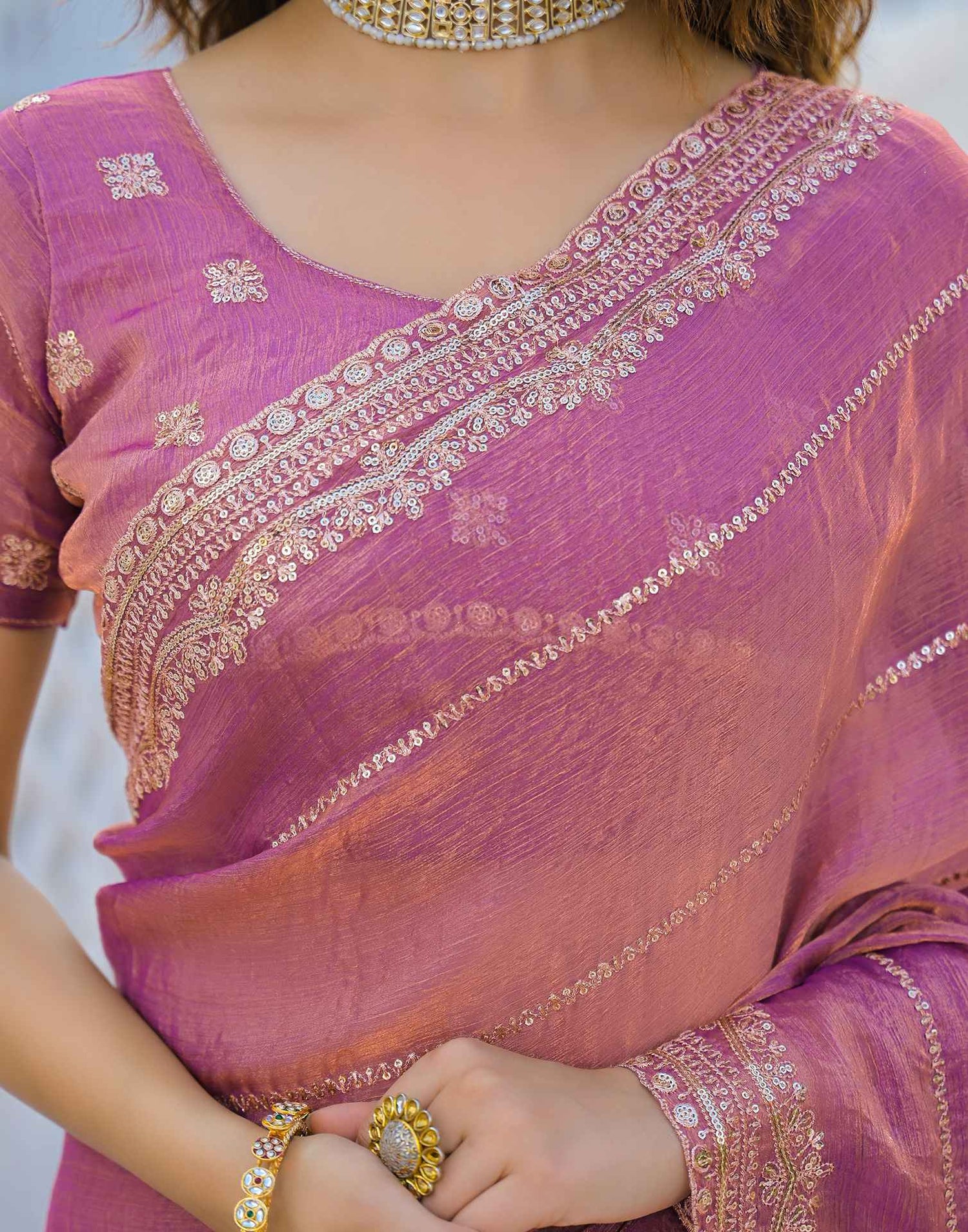 Dusty Pink Shimmer Sequence Embroidery Saree