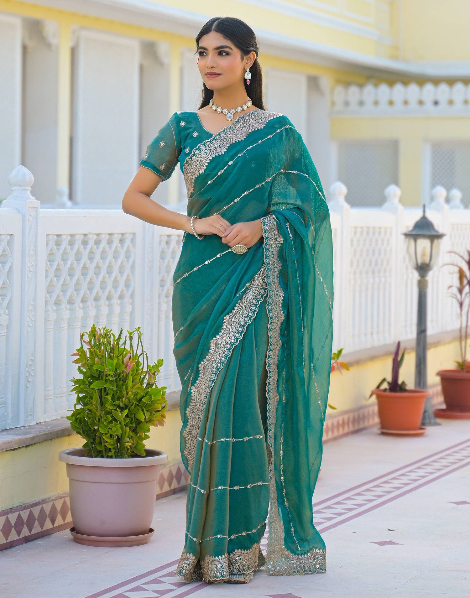 Teal Green Shimmer Sequence Embroidery Saree