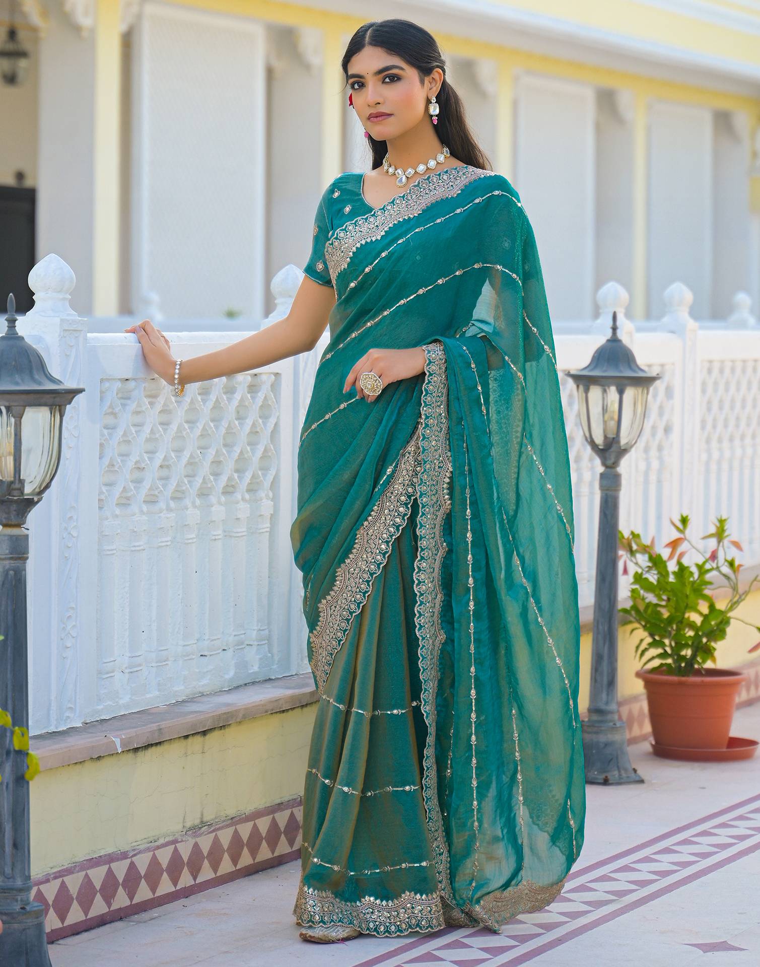 Teal Green Shimmer Sequence Embroidery Saree