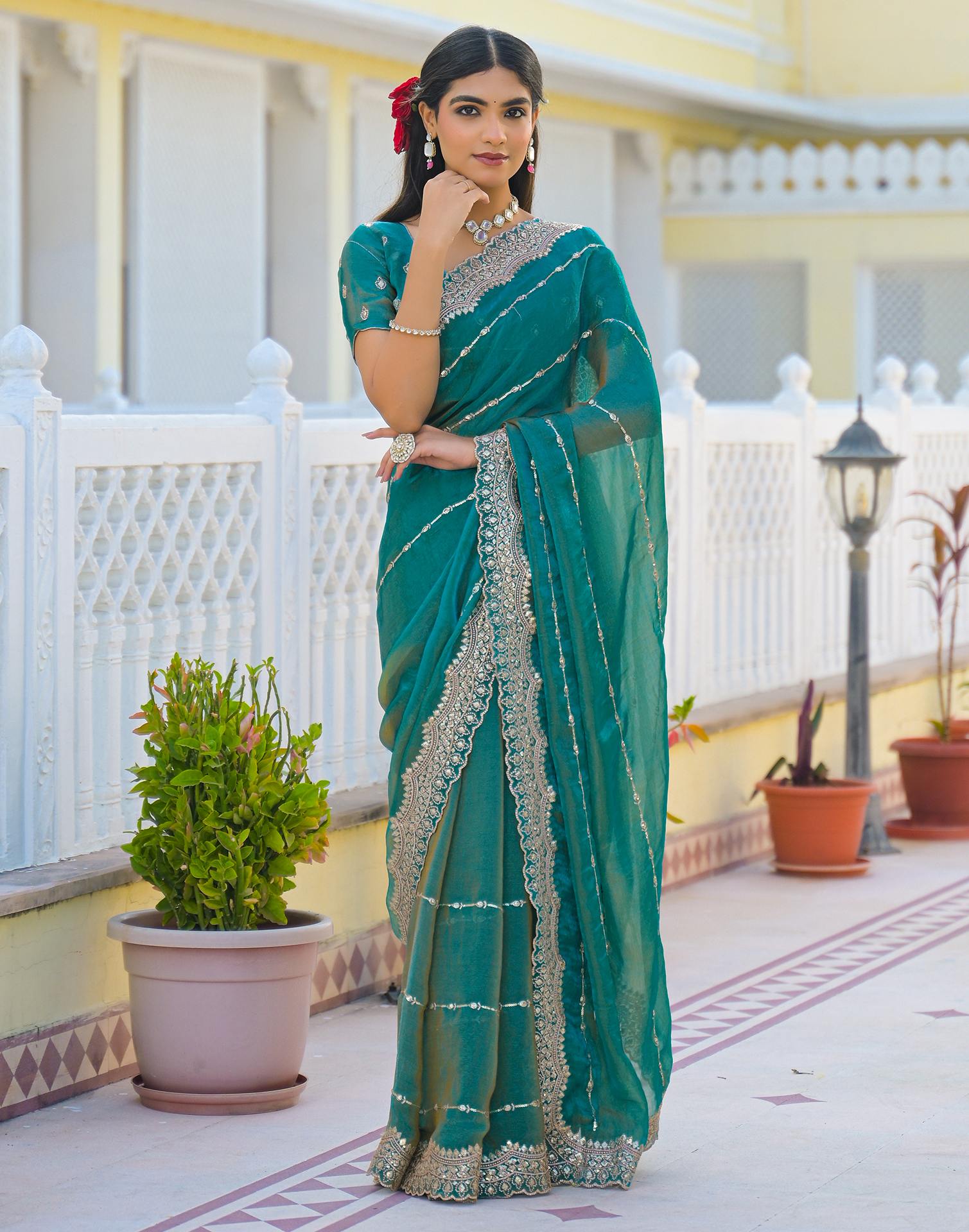 Teal Green Shimmer Sequence Embroidery Saree