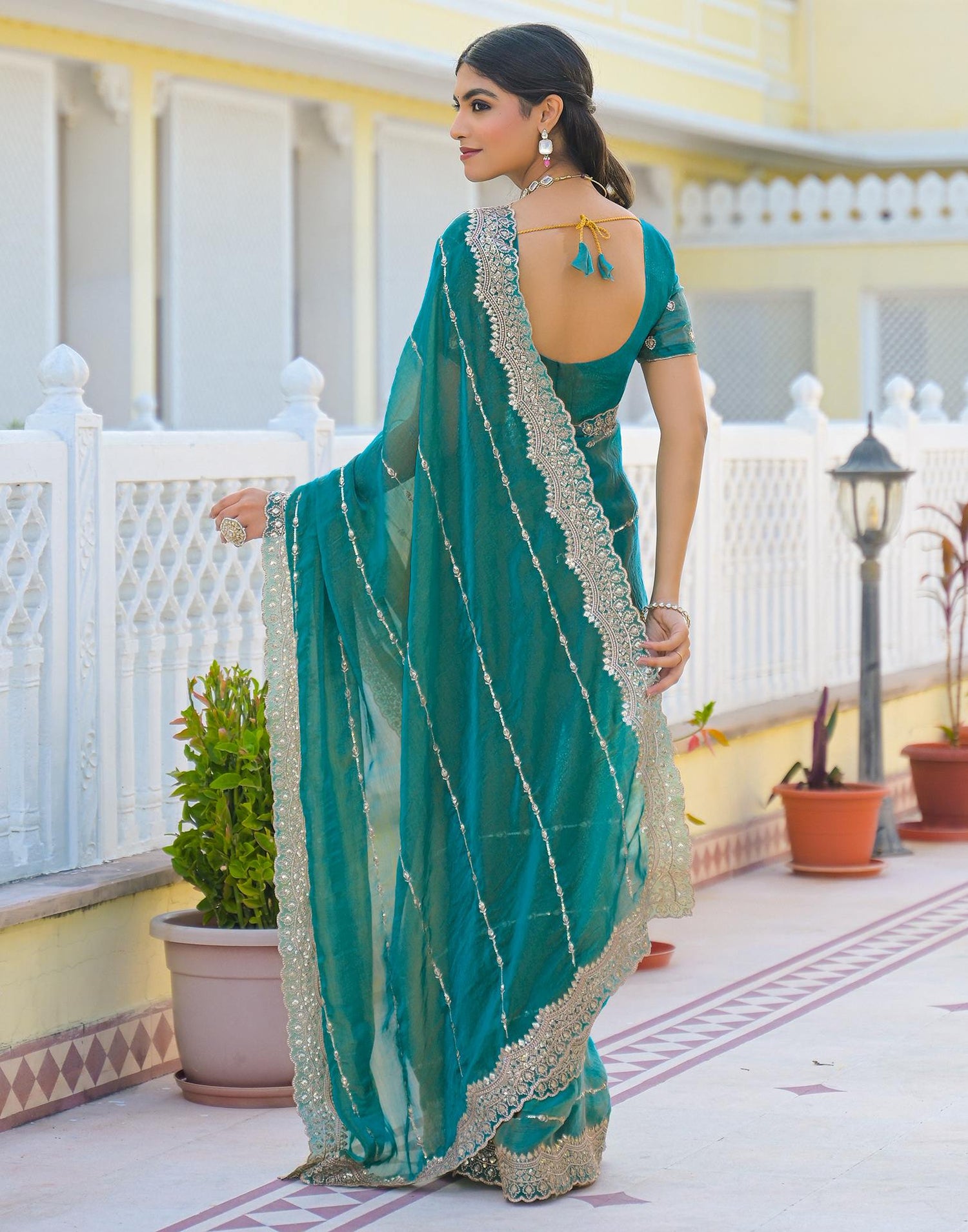 Teal Green Shimmer Sequence Embroidery Saree