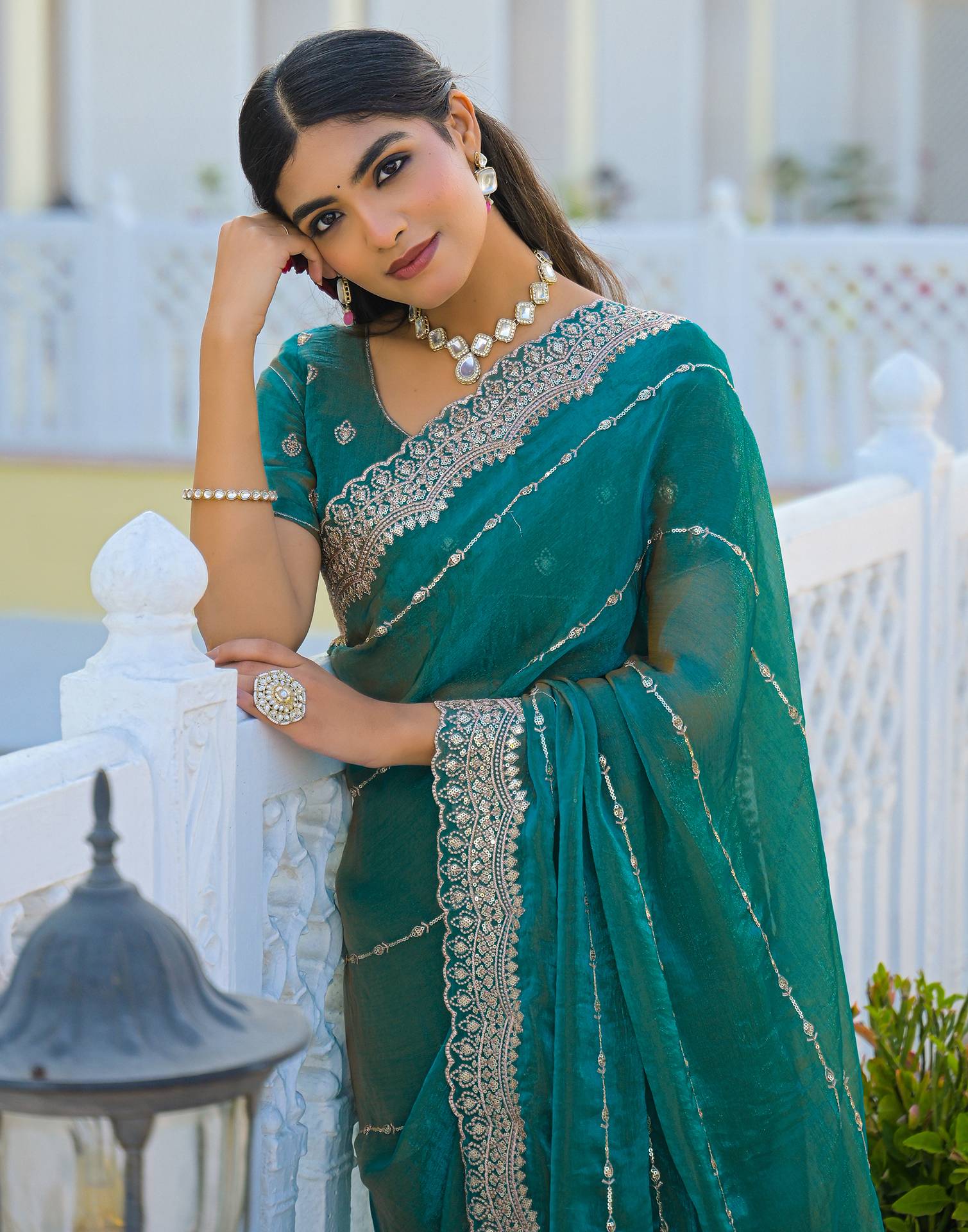 Teal Green Shimmer Sequence Embroidery Saree